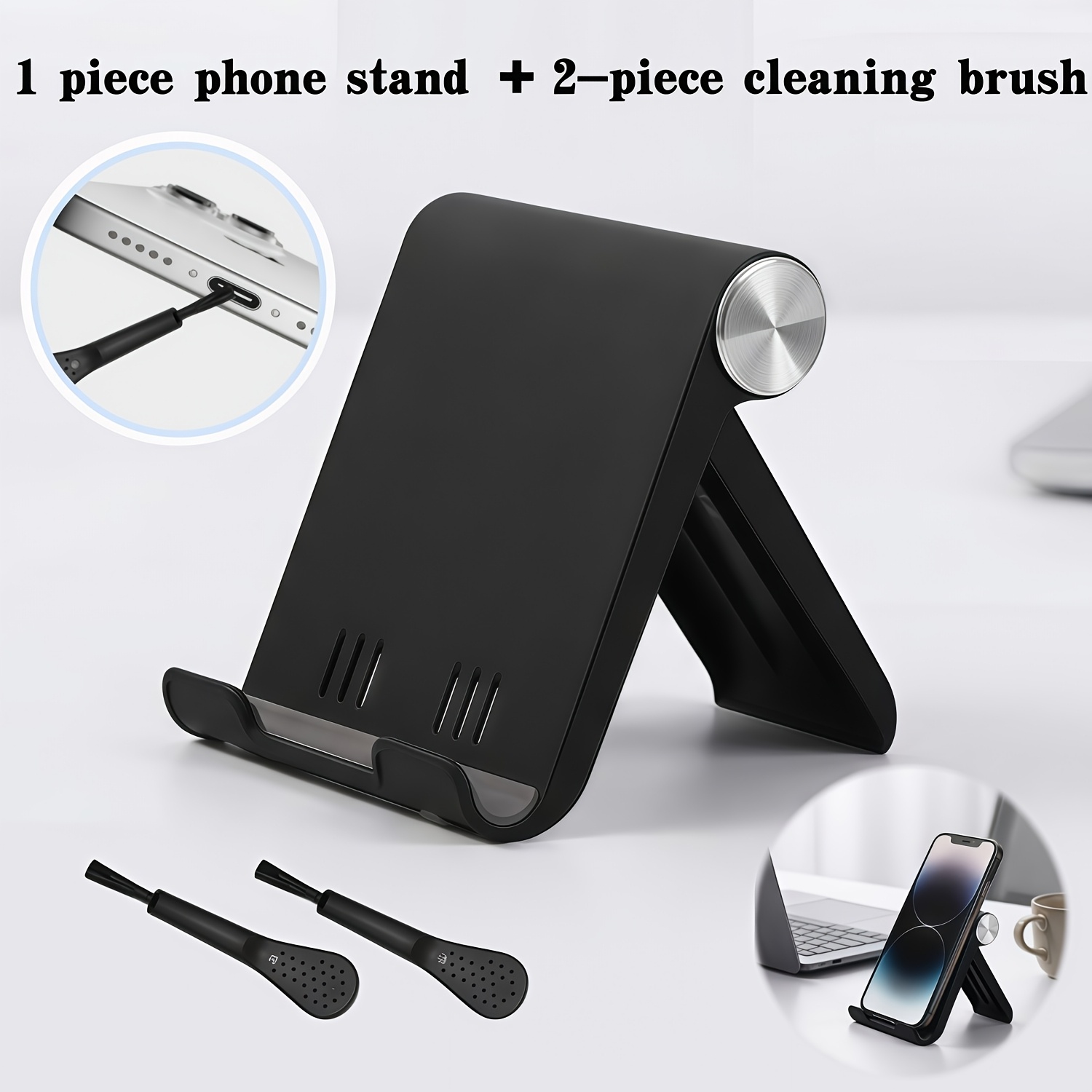 TEMU 3pcs Set (1pc Portable Foldable Phone Stand And 2pcs Phone Cleaning Brushes), Multifunctional Desktop Tablet Stand, Stable And Durable, Easy To