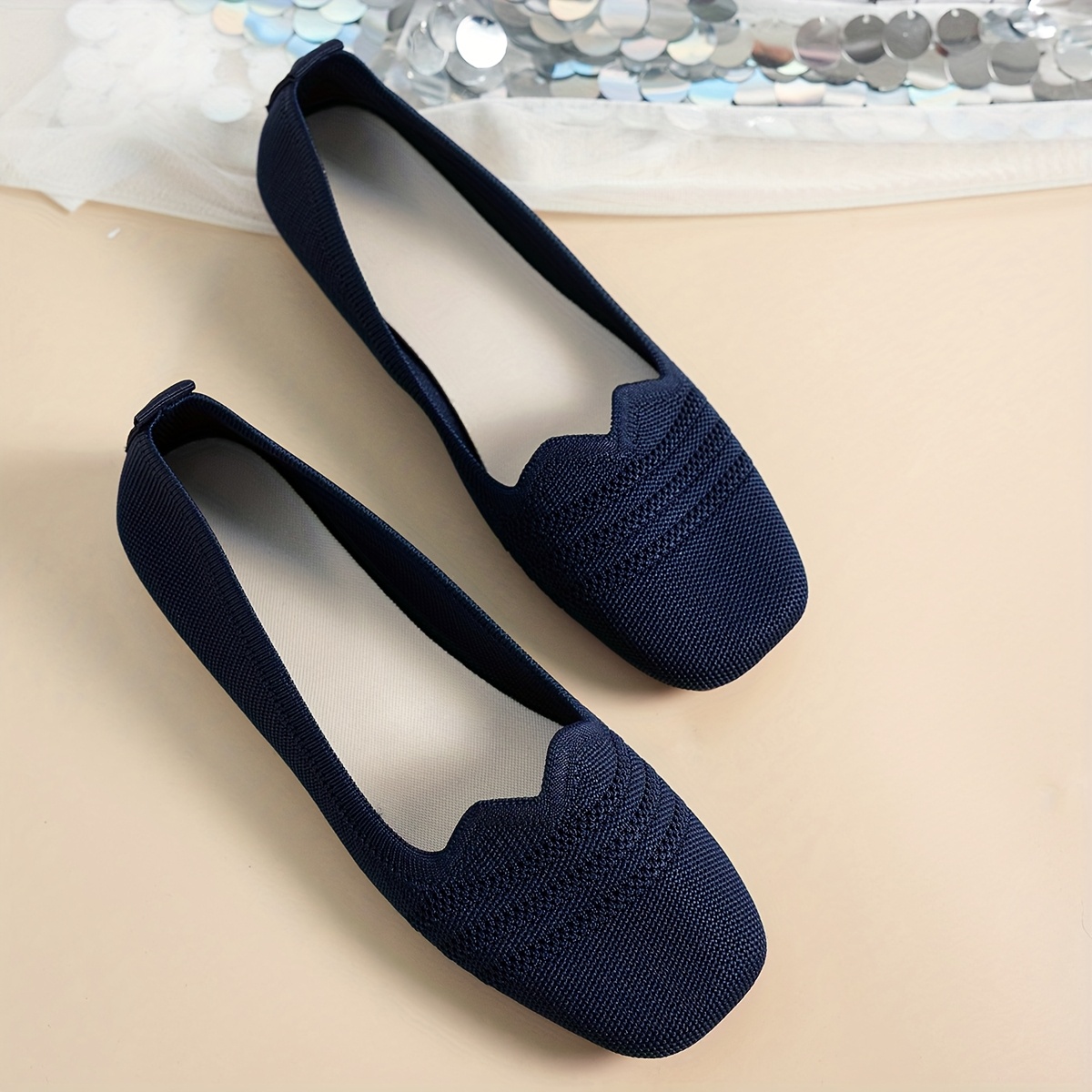 Women'* Toe Ankle Strap Knit Flats Breathable Slip-On with Rubber Sole,  Solid Color Elegant Casual for Al