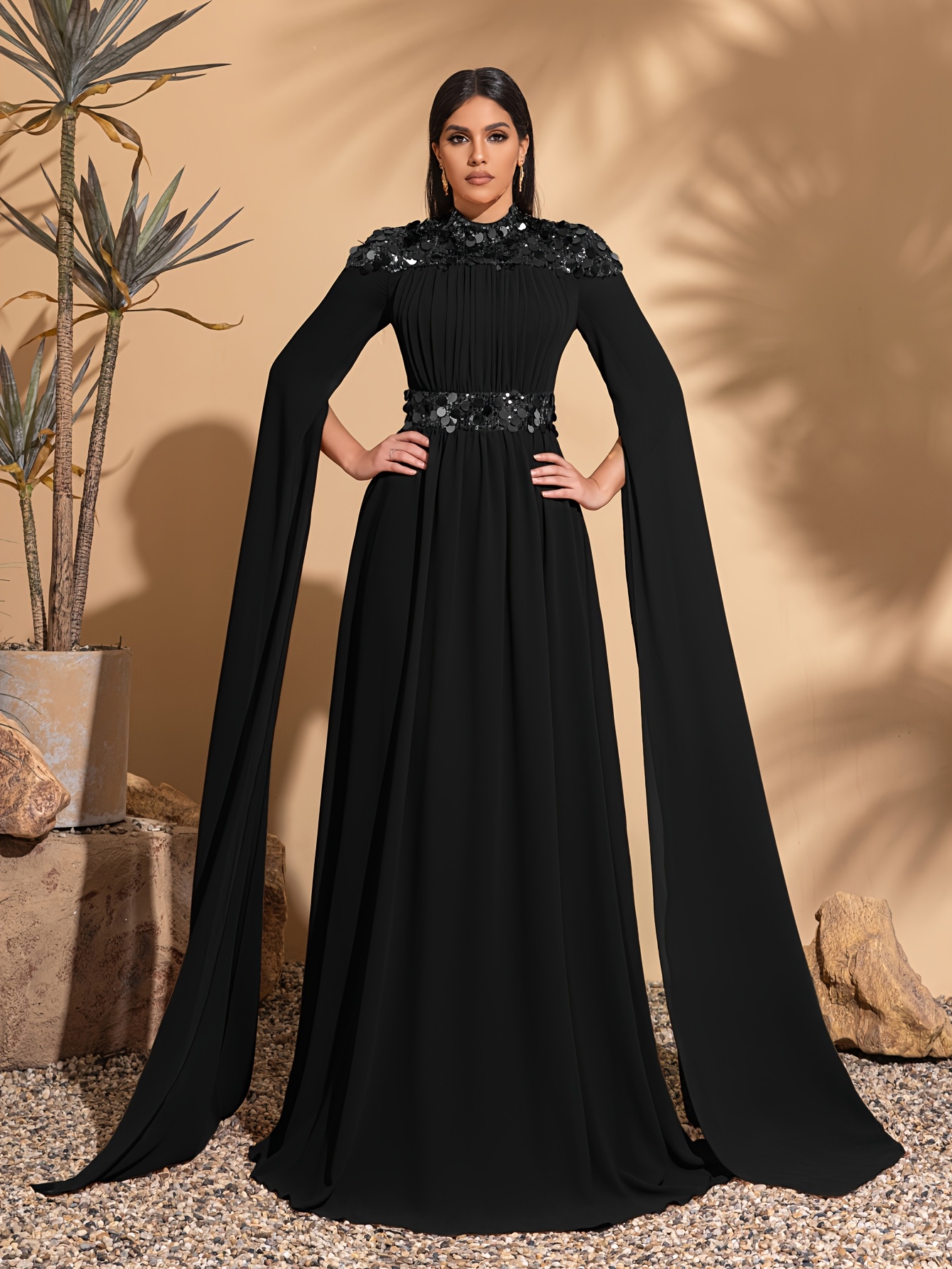 Elegant Chiffon Long Sleeve Gown for Women Stand Collar, Sequin  Embellished, Flared Hem, A-Line Pendulum Design Weddings, Parties,  Performances,