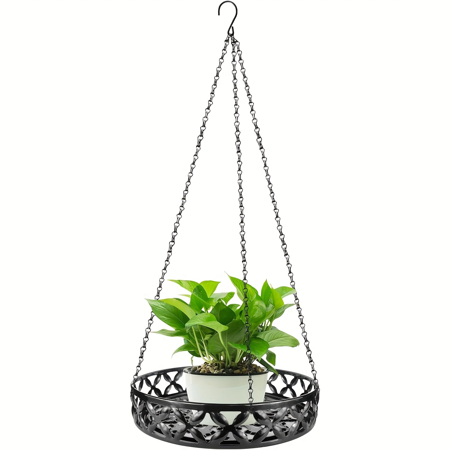 

Metal Hanging Planter - Round Geometric Pattern Indoor & Outdoor Decorative Plant Holder With Chain, Multi-component Hanger For Balcony, Porch, Garden - Black