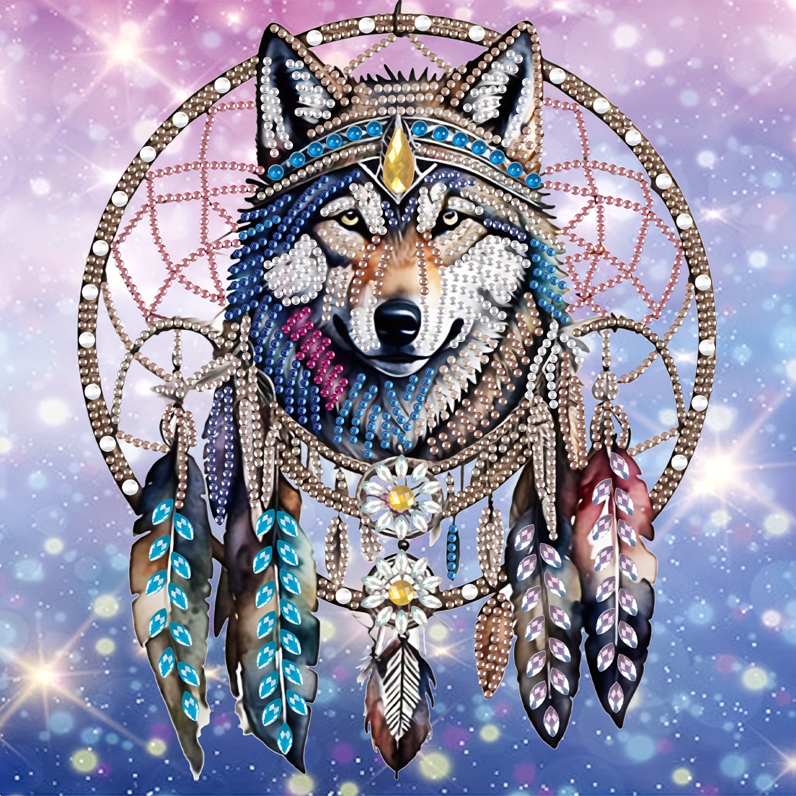 1 Set ( ) Wolf Diamantmalerei-Set mit 3D/5D Effekt – Türkis, Gold, ,  , Blau, Rosa, Klare   – Unregelmäßig geformte Strass  für Wolfsgesicht, Augen, Mähne Pfotenabdruck – DIY Bastelset für Erwachsene & Anfänger als Deko zu Hause oder im Büro –   Geschenk für  -  – 5D   Spezialform-Mosaik-Kunst mit Farbwechsel-Effekt – Design:   & Traumfänger – Partielle Diamond Painting Kits