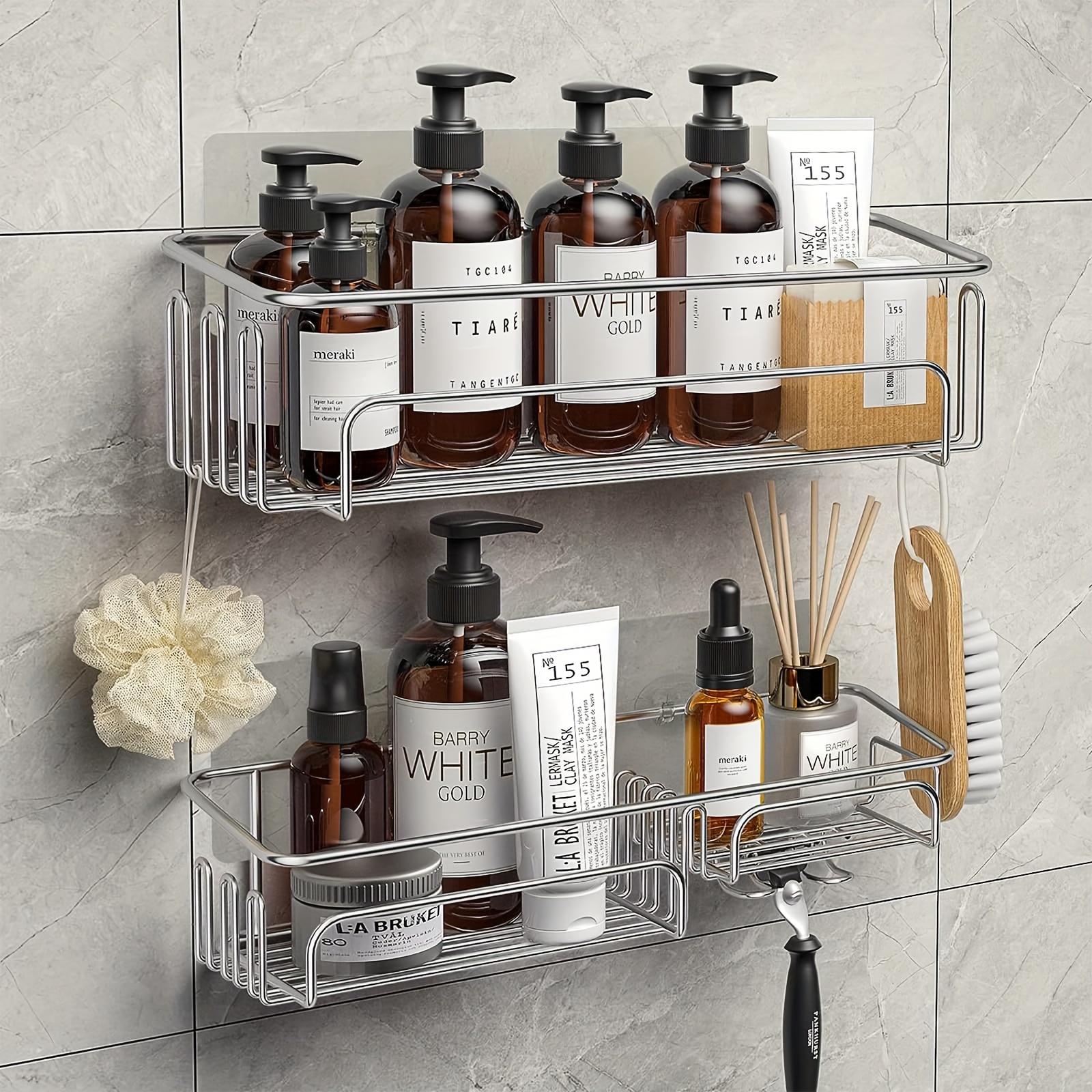 

Meltrck Shower Shelf Without Drilling - 2 Pieces Bathroom Shelf Organizer - Rustproof Shower Shelf Self-adhesive For The Bathroom With Hooks (silver)