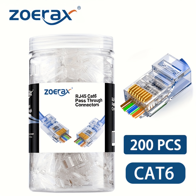 TEMU Zoerax Paquete de 200 Conectores RJ45 Cat6 , Enchufes Modulares RJ45 para Cable CAT6 CAT5E Sólido o Trenzado FTP/UTP