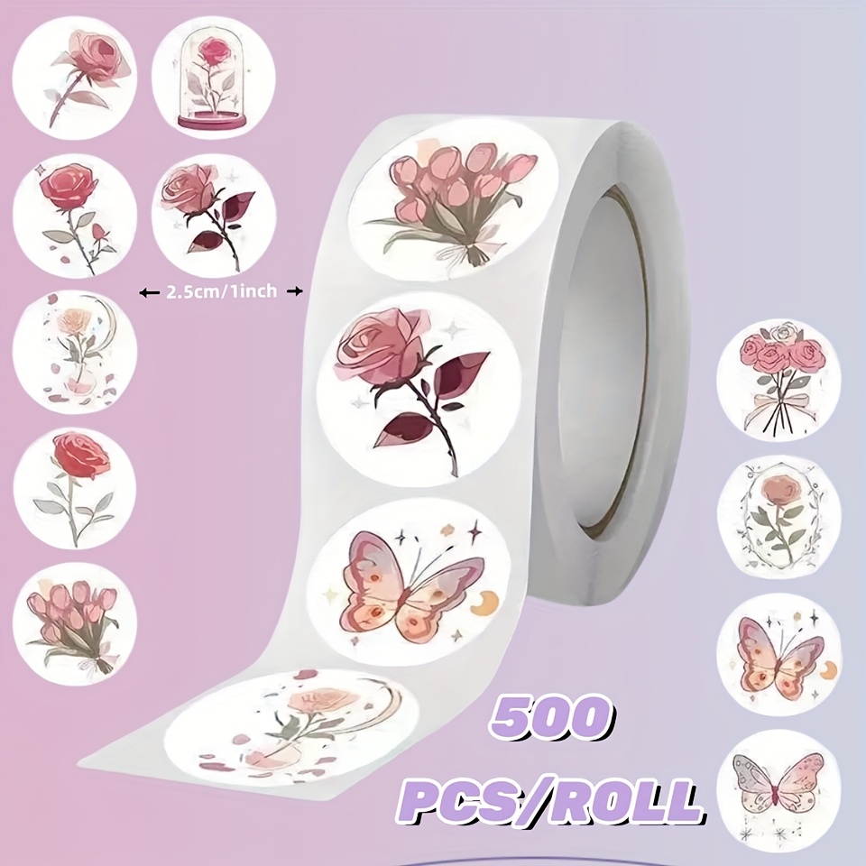 Image of 500pcs/roll - Elegant Rose And Floral Stickers, Pink Wedding, Birthday, Valentine's Day, Decoration - Contains Roses, Leaves, Buds - Strong Adhesive For Gift Wrapping, Cards