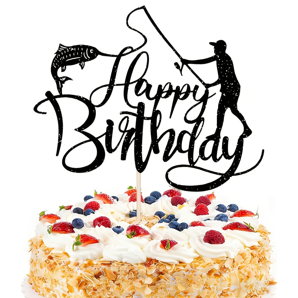 Image of 1pc Black Glitter Fishing Happy Birthday Cake Topper - Fisherman And Fish Theme Cake Pick, Outdoor Fishing Themed Birthday Party Decorations Supplies