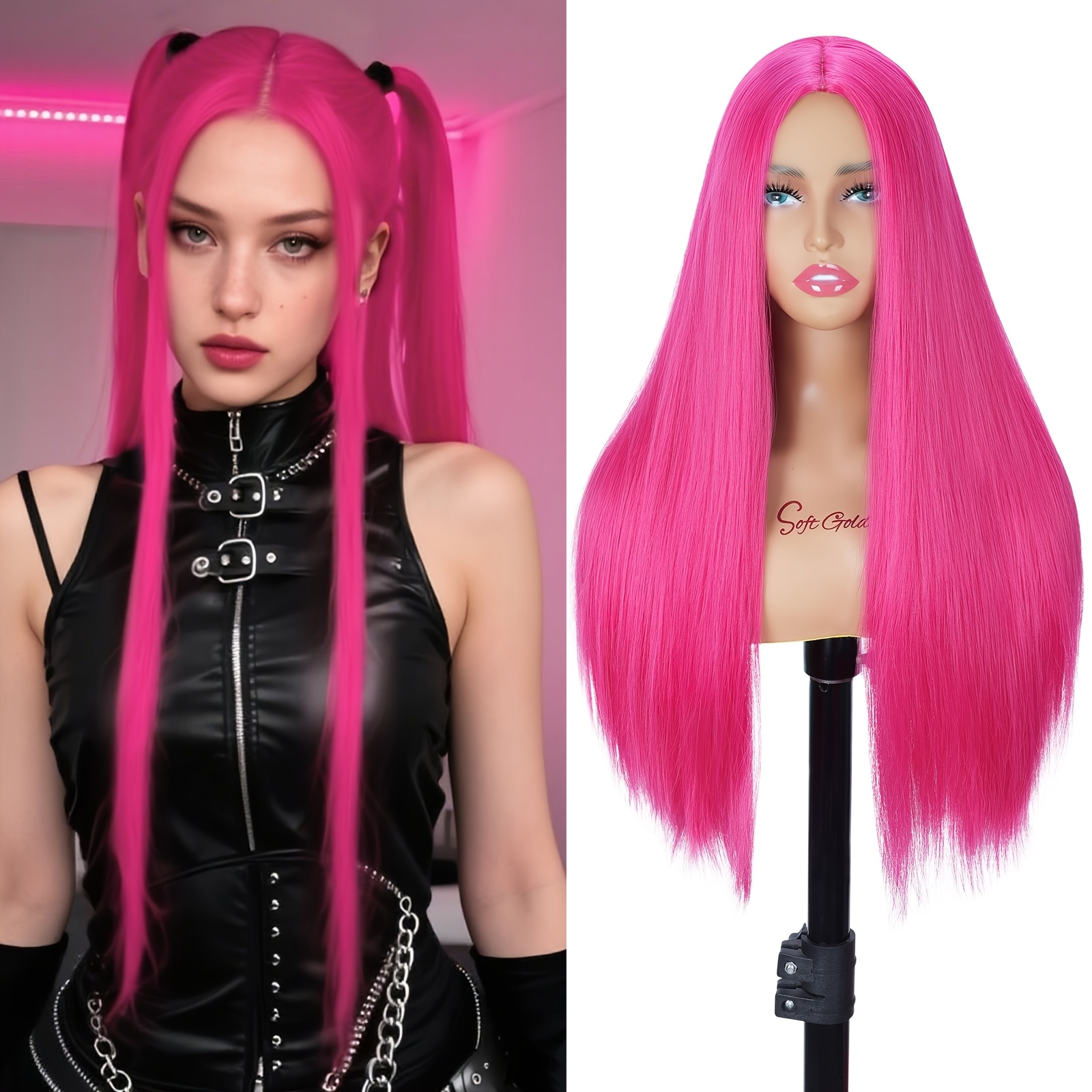TEMU Rose Red Pink Wig Long Straight Hot Pink Cosplay Wigs Red Wigs For Cosplay Halloween Costume Party Wig