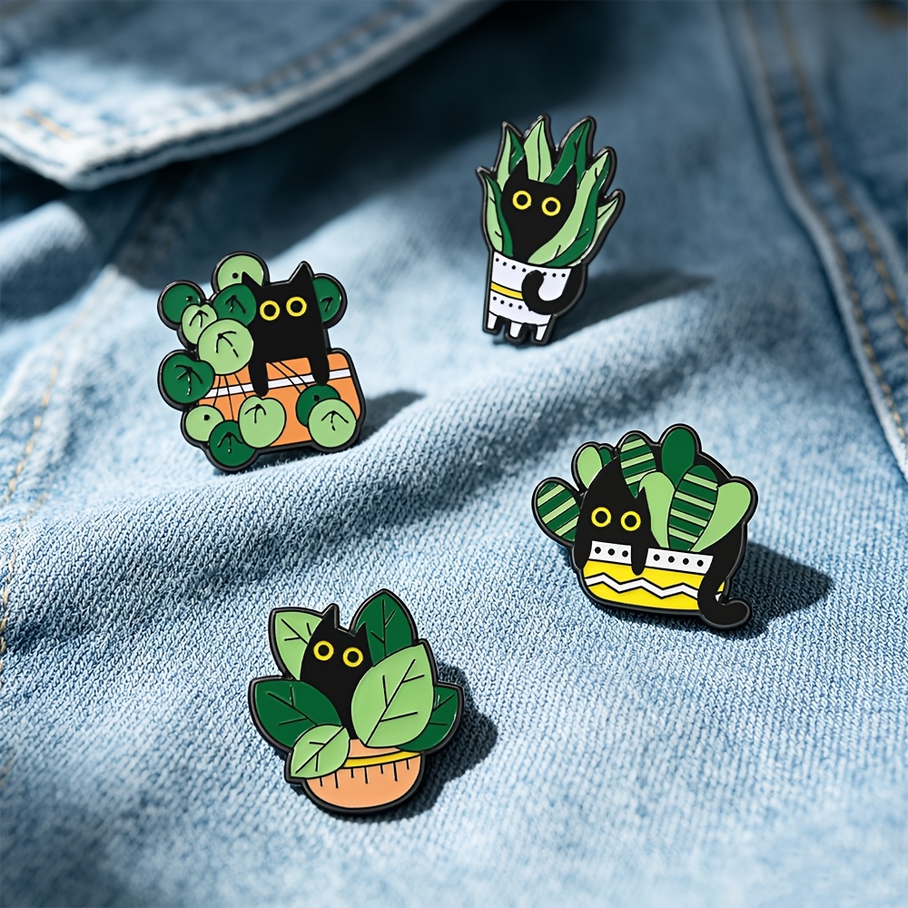 TEMU 4pcs Adorable Enamel Badge Pins: Whimsical Cat & Plant Designs For Stylish Personalization – Jackets, Bags, Or Hats To Your Look, Ideal As Gifts