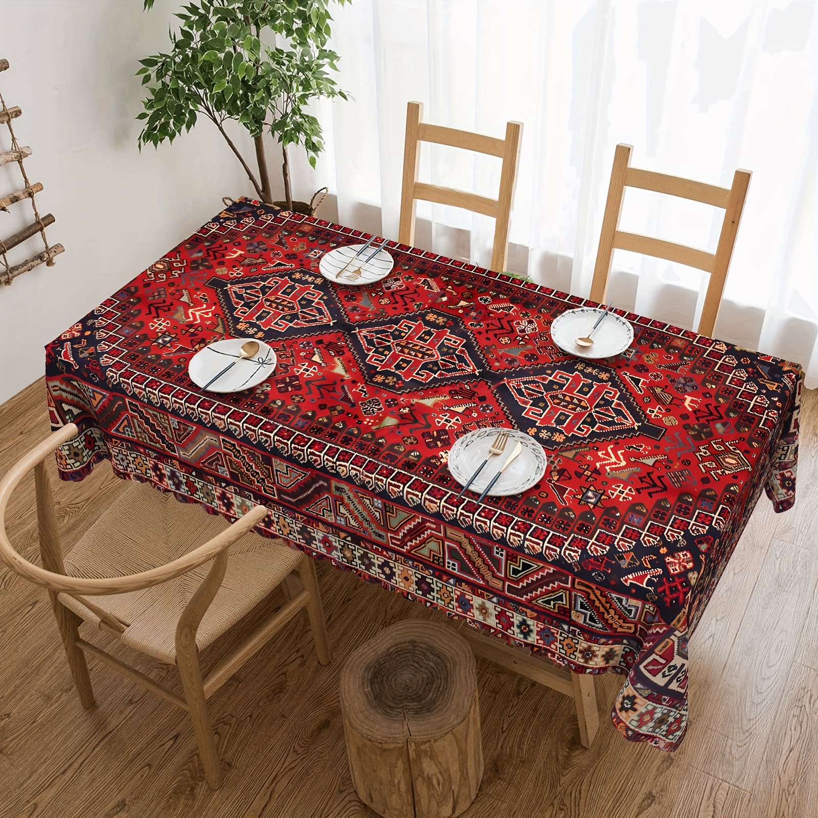 TEMU A Vintage Persian Geometric Tablecloth, A Bohemian Red Table Cover, Colorful Tribal Tablecloth, And Wrinkle-resistant, Suitable For Indoor And