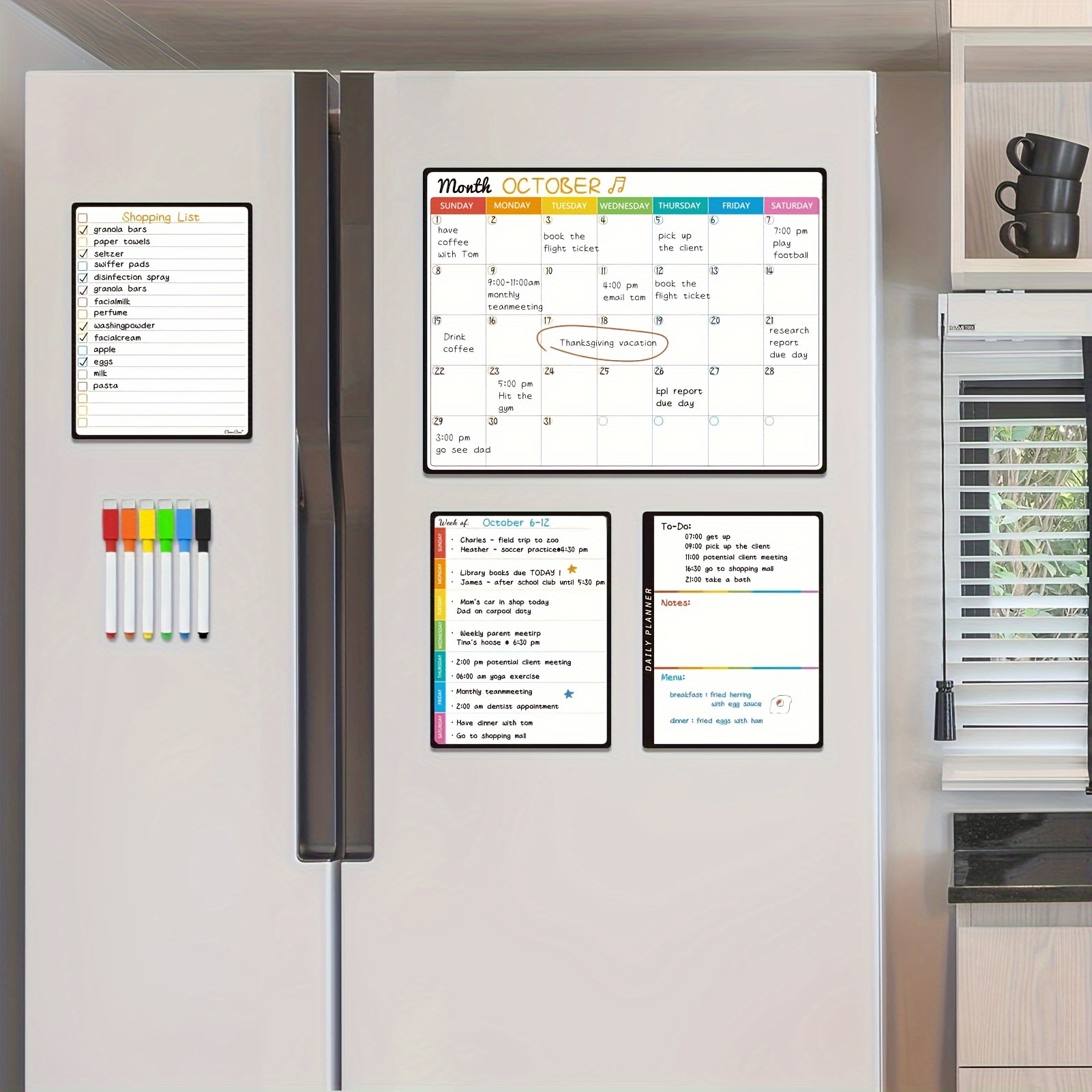 

Magnetic Dry Erase Monthly Calendar Set - 14.56"x11.02" Monthly Calendar, 6.29"x8.66" Weekly, Daily, List Boards For Fridge - 6 Extra Fine Point Markers Included - Shipped Flat