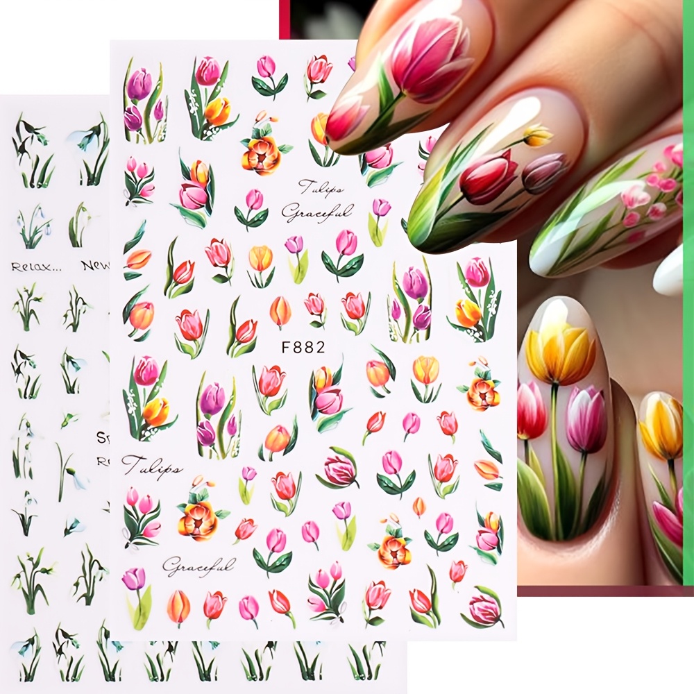 

2pcs Vibrant Nail Art Stickers - 3d , Orchid & Grass Designs, Self-adhesive With Sparkle , Easy Diy Manicure Decals For Women & Girls