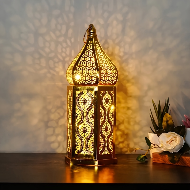 TEMU 1 Led Decoration - Moroccan Style | Battery-powered Metal Wind Lamp With Hollow , Bedroom Atmosphere Lighting For Ramadan, | Golden Plating,