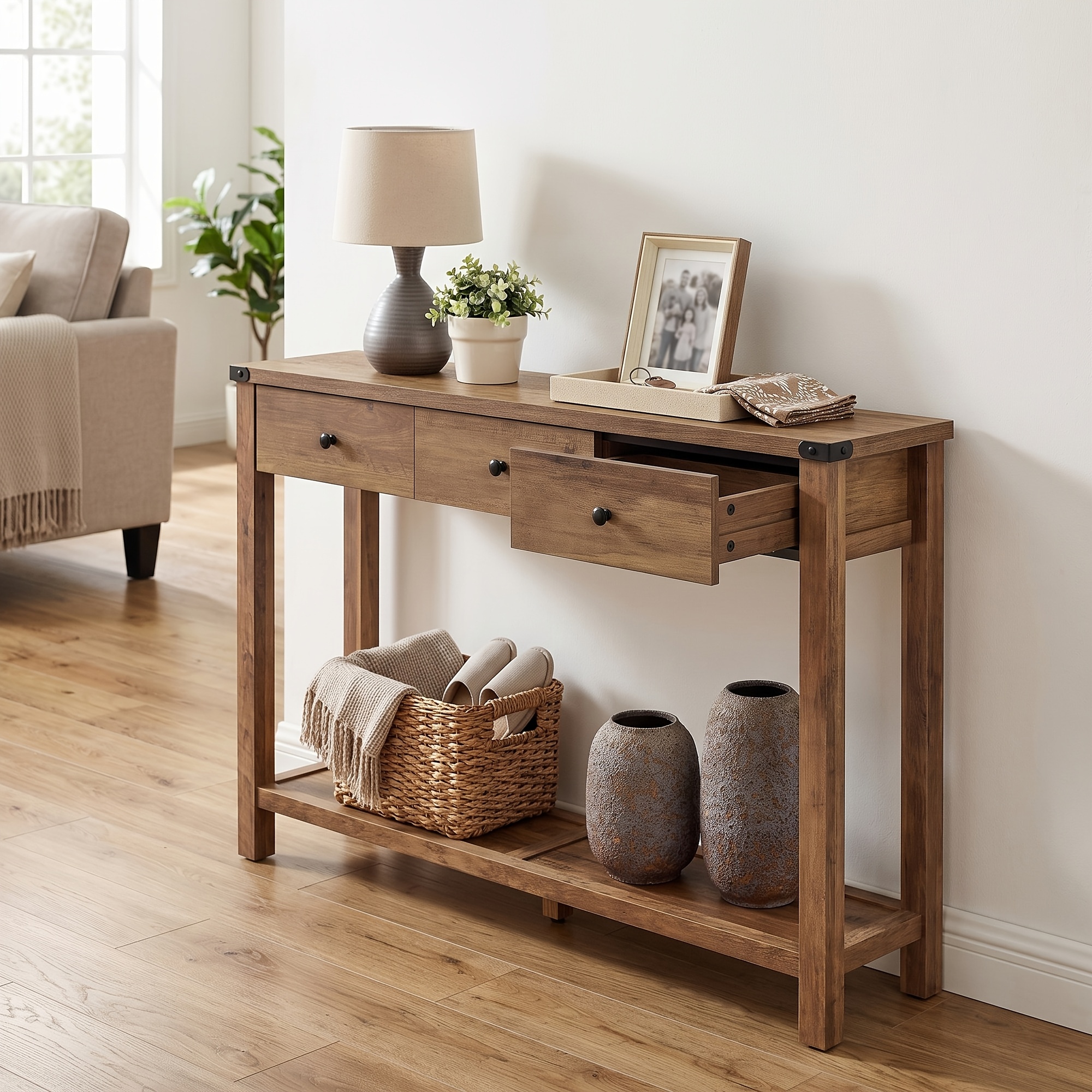 Console Table, Side Table, With Shelf, Narrow Console Table, With 3 Drawers, For Living Room, Country House Style