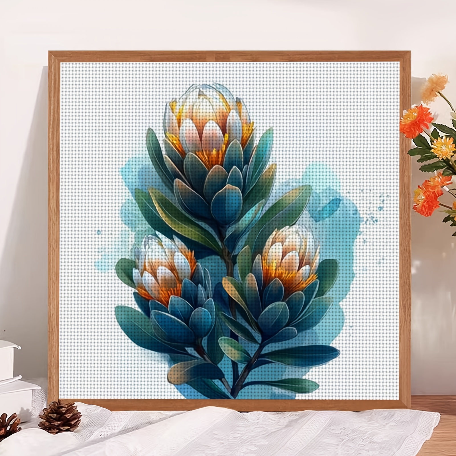Cross-Stitch Printing Kit Featuring Three Blue Leaf Watercolor Flowers
