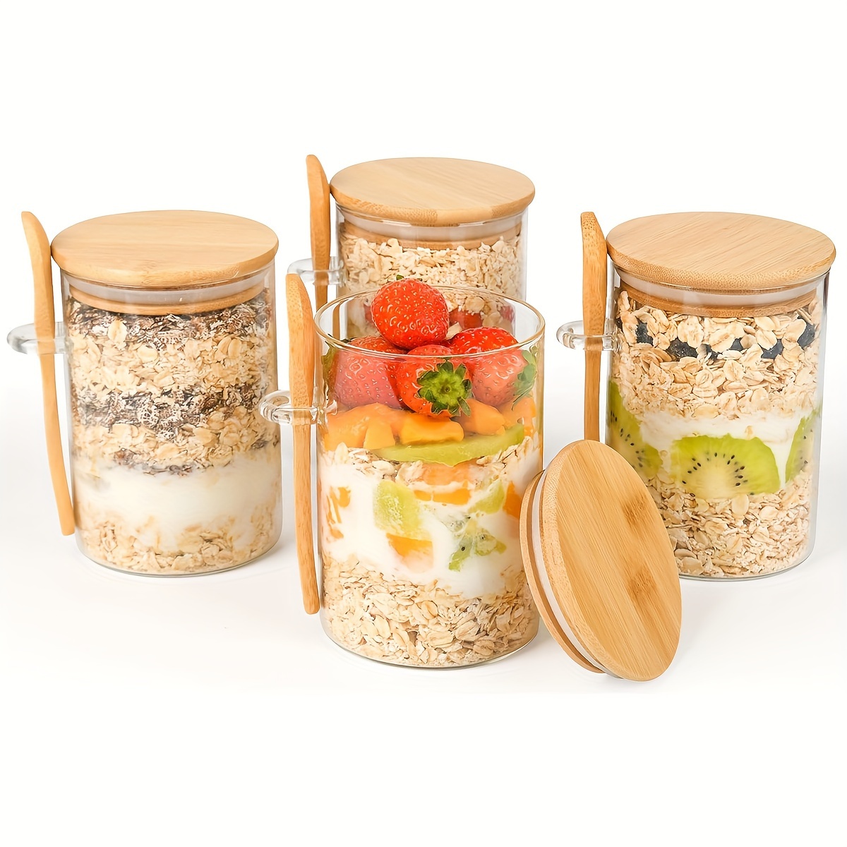 

4pcs Overnight Oat Container With Lid. Overnight Oat Can With Spoon Chia Seed Pudding Salad Glass Jar. Bamboo Covered Cereal Coffee Powder Bread Starter Storage Jar