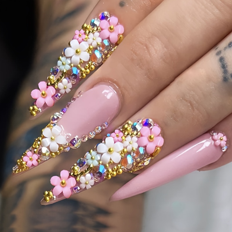 

24pcs Long Stiletto Press-on Nails With Floral Embellishments And Rhinestone Accents - Mixed Color System, Glossy Finish Fake Nail Set