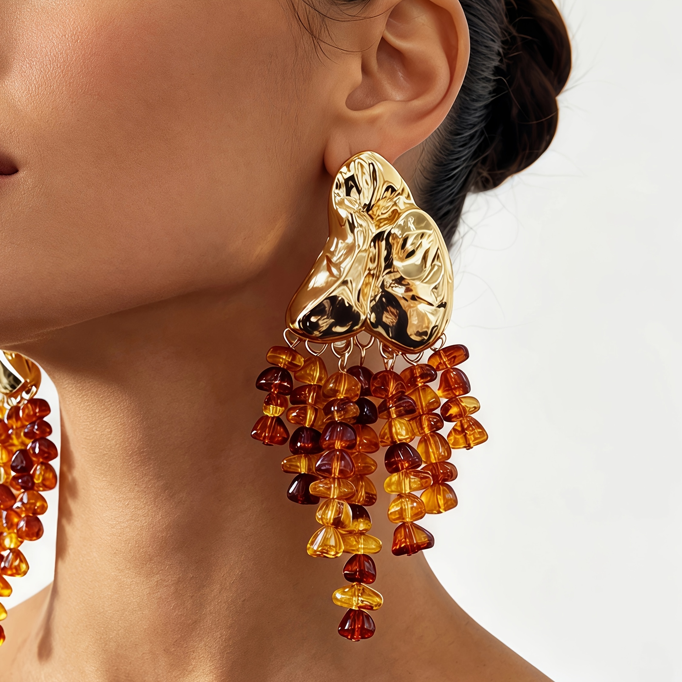 TEMU 1 Paire de Boucles d'Oreilles Tendance pour Femmes, Texture Crêpée, Plaque Métallique Irrégulière avec Perles Longues et Longues Glandes, Style