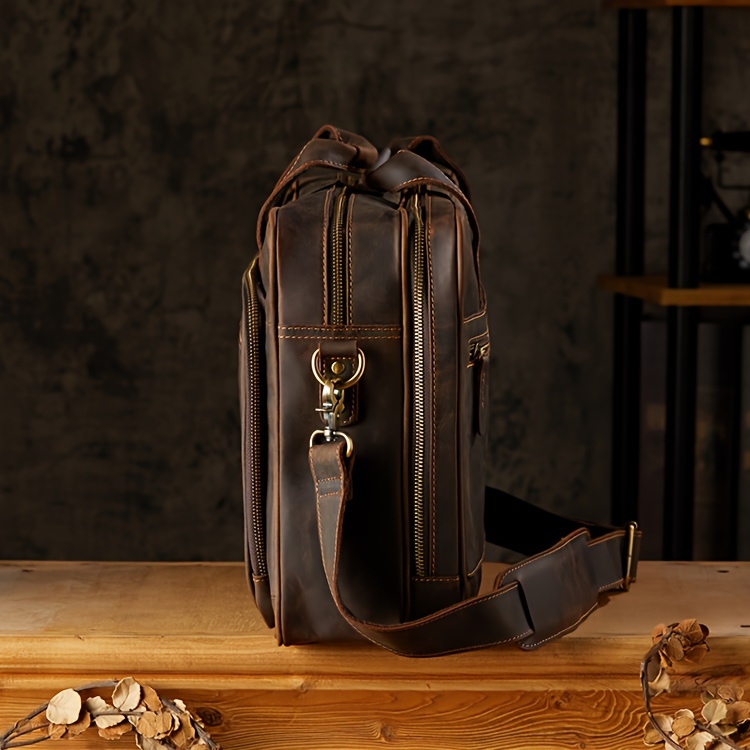 Crazy Horse Genuine Leather Scratch Repairable Men's Handbag, Handmade Vintage Crazy Horse Genuine Leather Tote Bag, Large Capacity Laptop Bag, Men's Single-Shoulder Crossbody Bag, Genuine Leather Business Briefcase