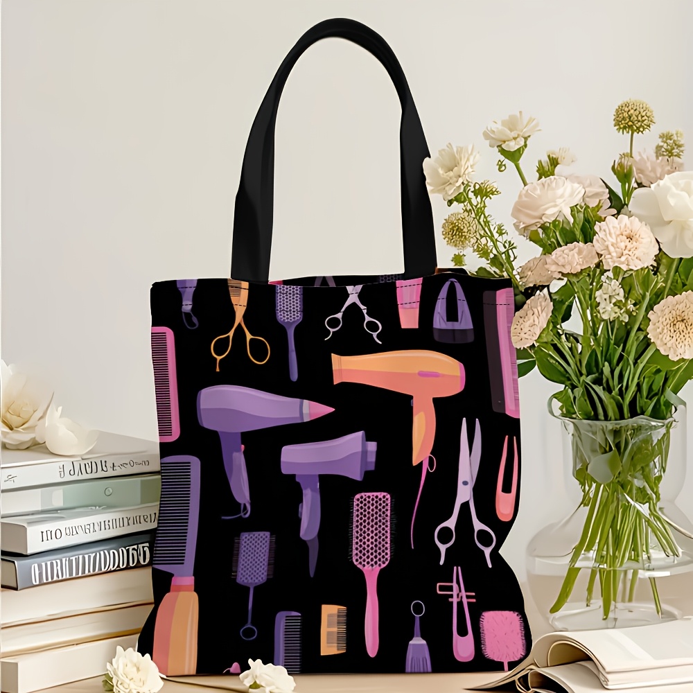 TEMU 1pc, Tote Bag With Hairdryer, Mirror, And Scissors Pattern Print, Fashionable Shoulder Bag, Suitable For Beach, Shopping, And Travel, Unisex,