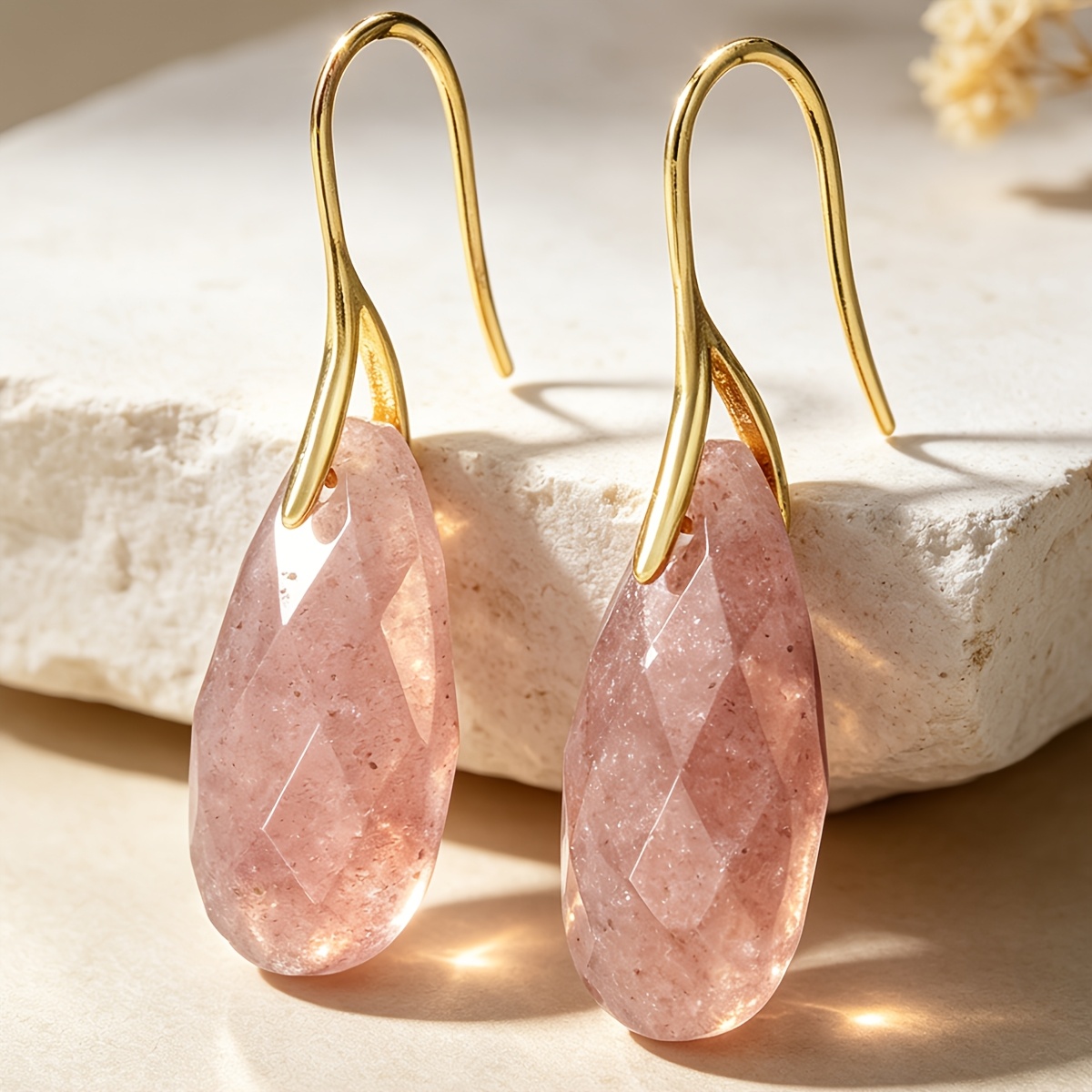Women's Cherry Quartz Pendant Earrings with Water Droplets