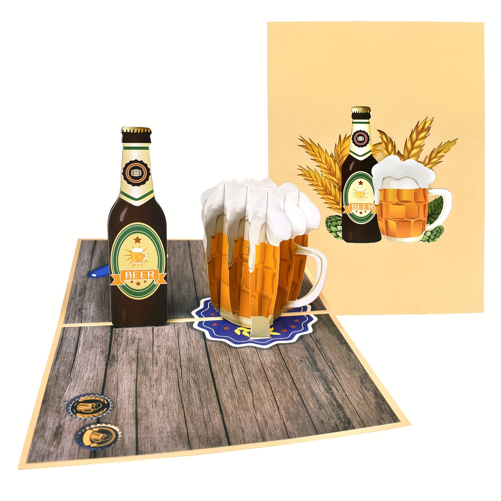 Image of 3d Beer Bottle & Mug Pop-up Card - Ideal Father's Day & Birthday Greeting For Him, Cartoon Beverage Theme, English Text, Unique Handmade Paper Craft, Beer Gifts