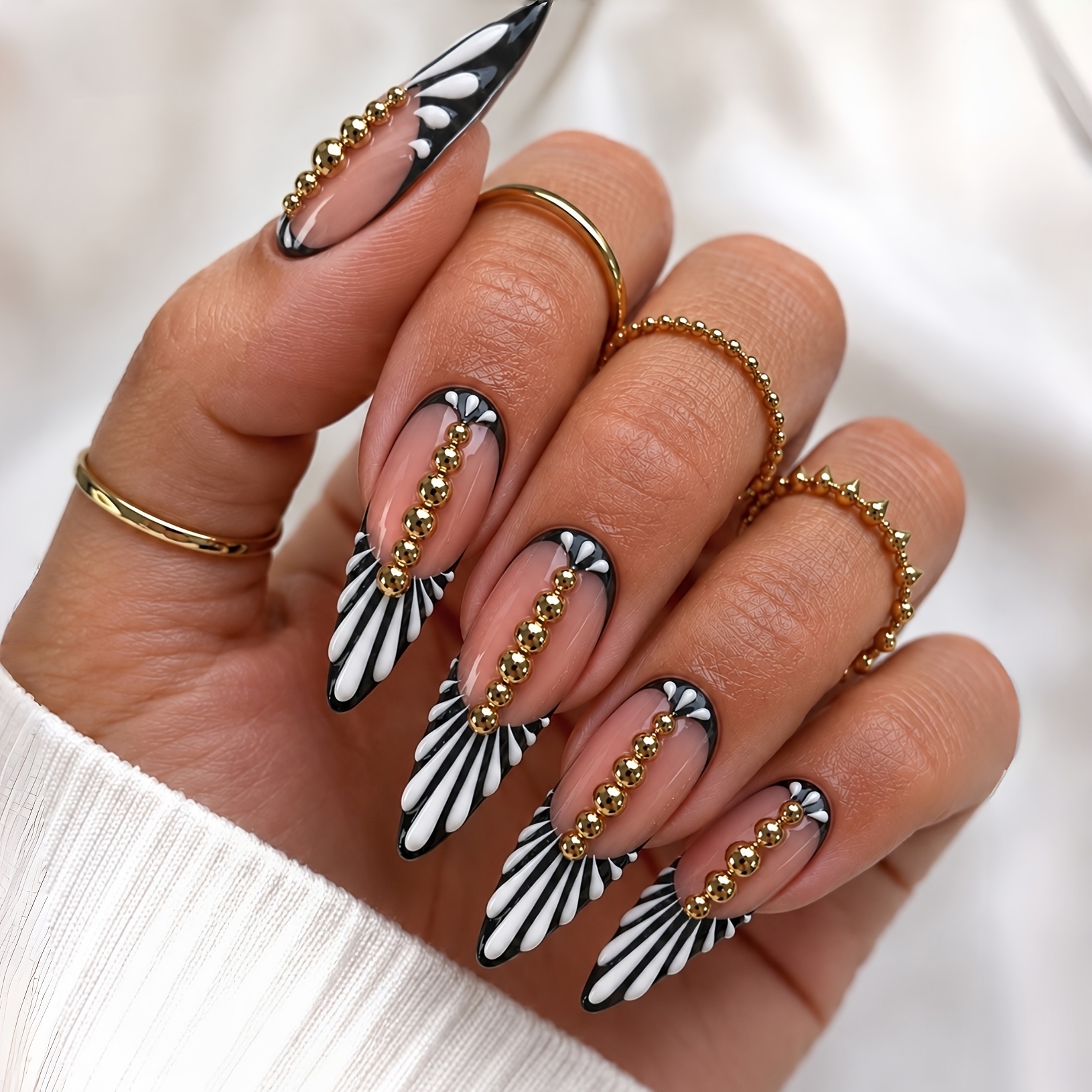 TEMU Halloween Golden Bead False Nails Long Stiletto Black White Spicy 4pcs Press On Nails Autumn Winter Style Cool Stylish Party Trendy False Nails