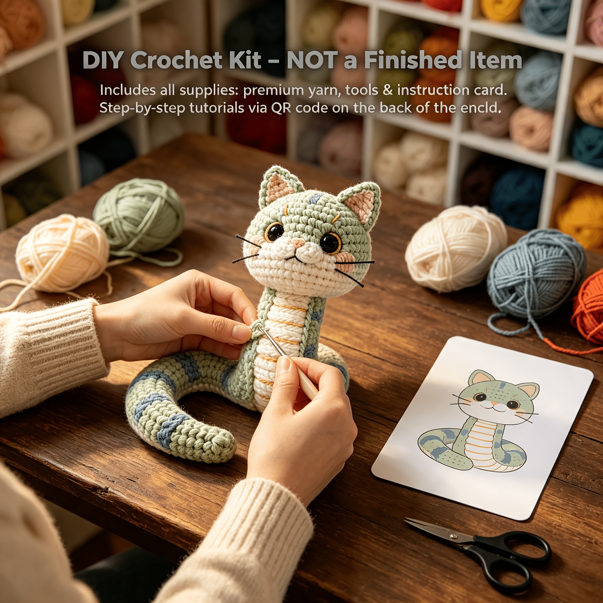 DIY Crochet Amigurumi Cat Plush Kit with Tools & Photos