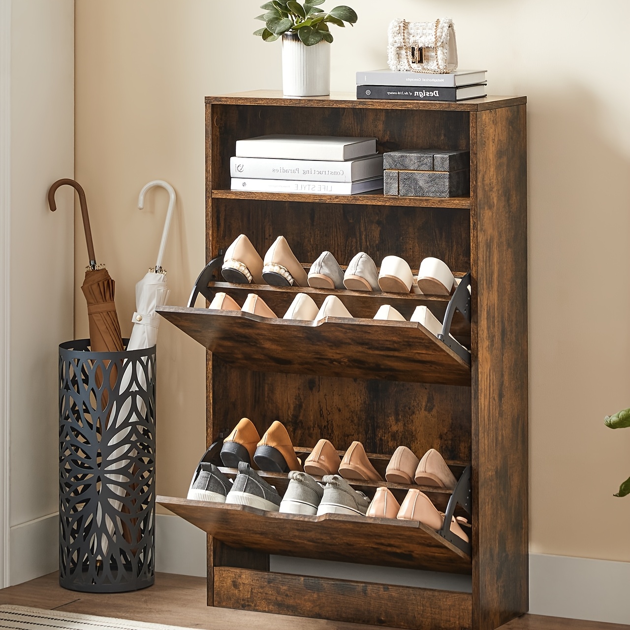 Shoe Cabinet 2 Flip Doors, 3 Tier Shoe Rack, With 1 Open Compartment, Adjustable And Removable Divider, For 8-12 Pairs Shoes, For Narrow Entrance, 24 X 60 X 102 Cm, Rustic Brown Lbcde040x0
