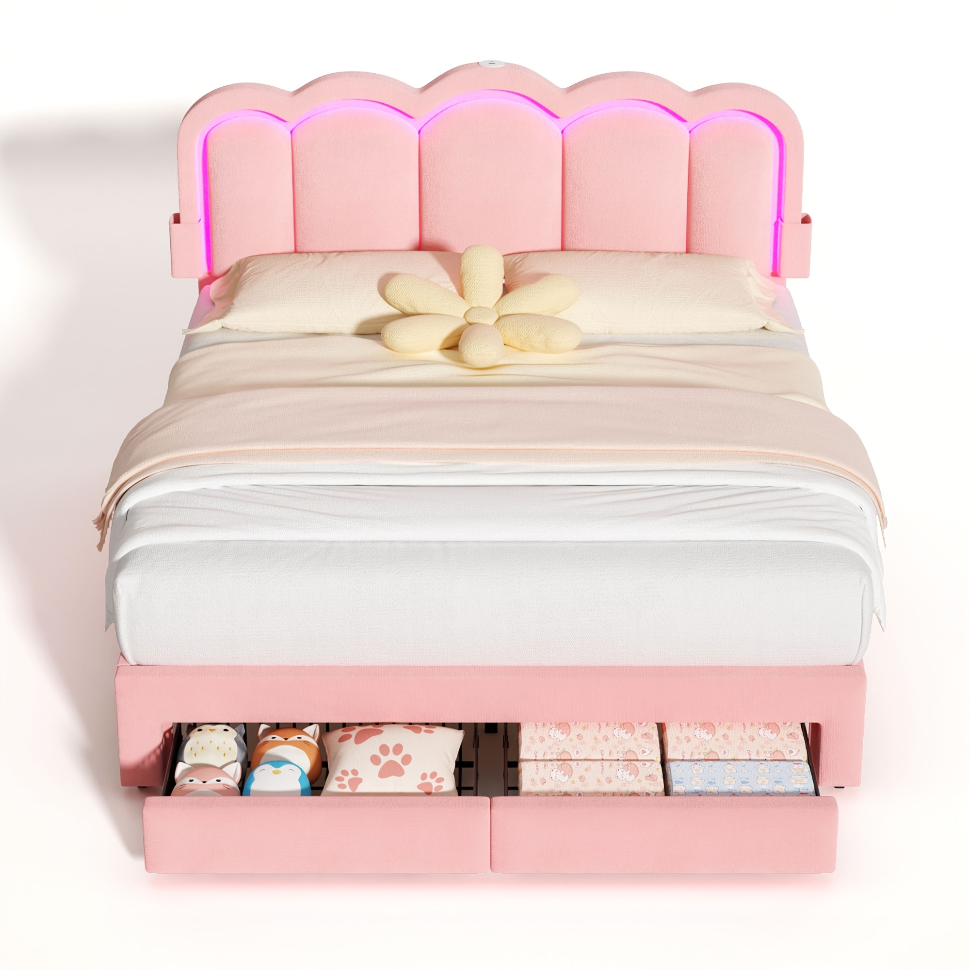 TEMU Queen/double/king Single Size Bed Frame With 1/2 Storage Drawers And Led Lights, Velvet Upholstered Platform Bed With Adjustable Cute Wave