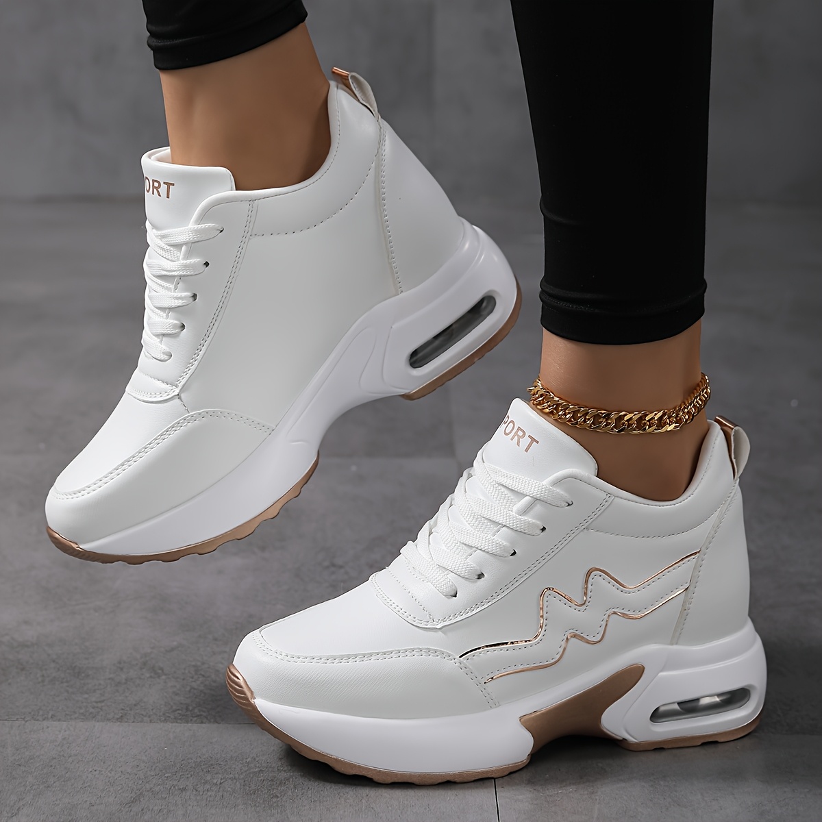 womens sneakers with height increase lightweight cushioned lace up shoes white golden accent fabric upper pu sole for everyday office formal events   comfortable walking shoes ladies sneakers casual footwear sporty style   office footwear   breathable material hidden heel shoes fashionconscious women Product details 1
