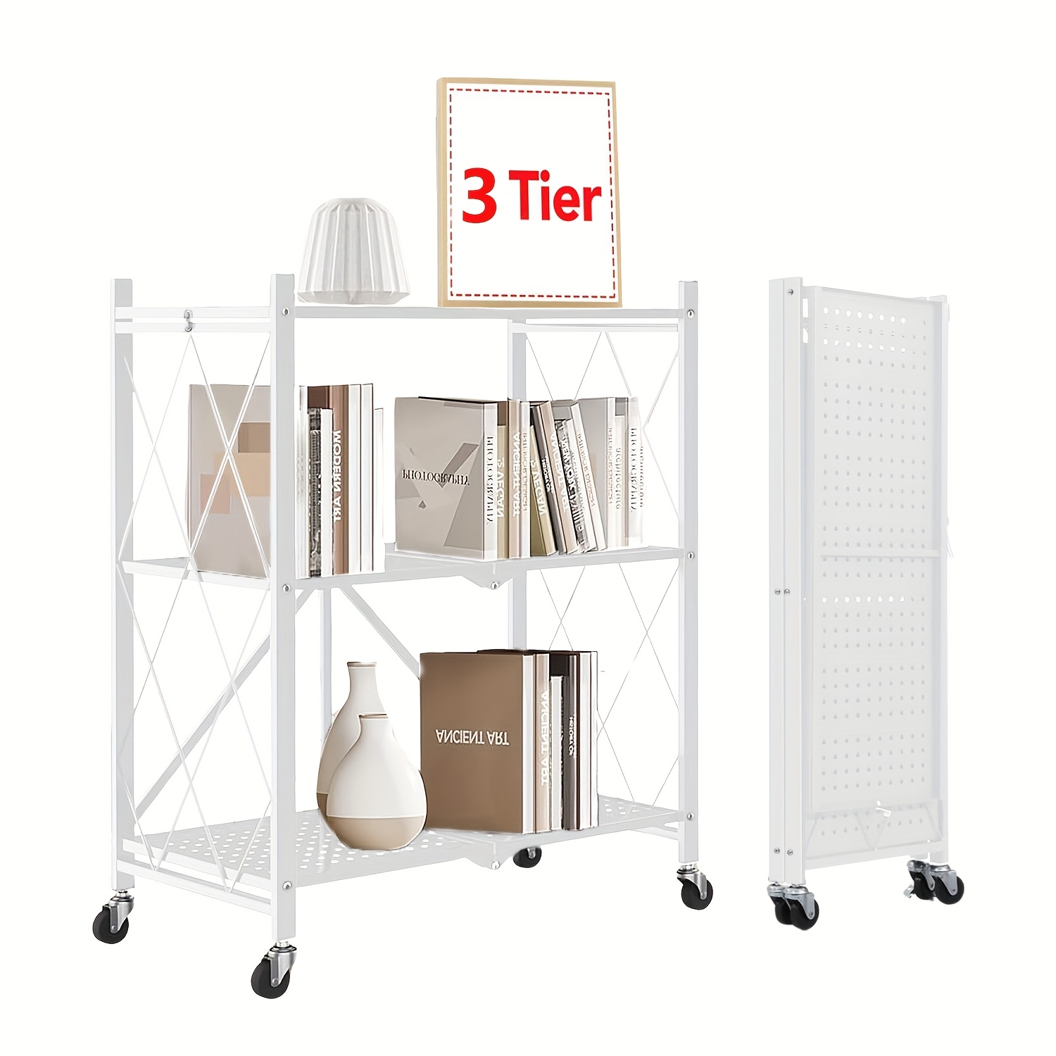 TEMU A 3-tier Collapsible Storage Rack With Wheels, Large Capacity Shelving Unit, Golden Metal Shelf, No Organizing Rack, Kitchen Organizer And