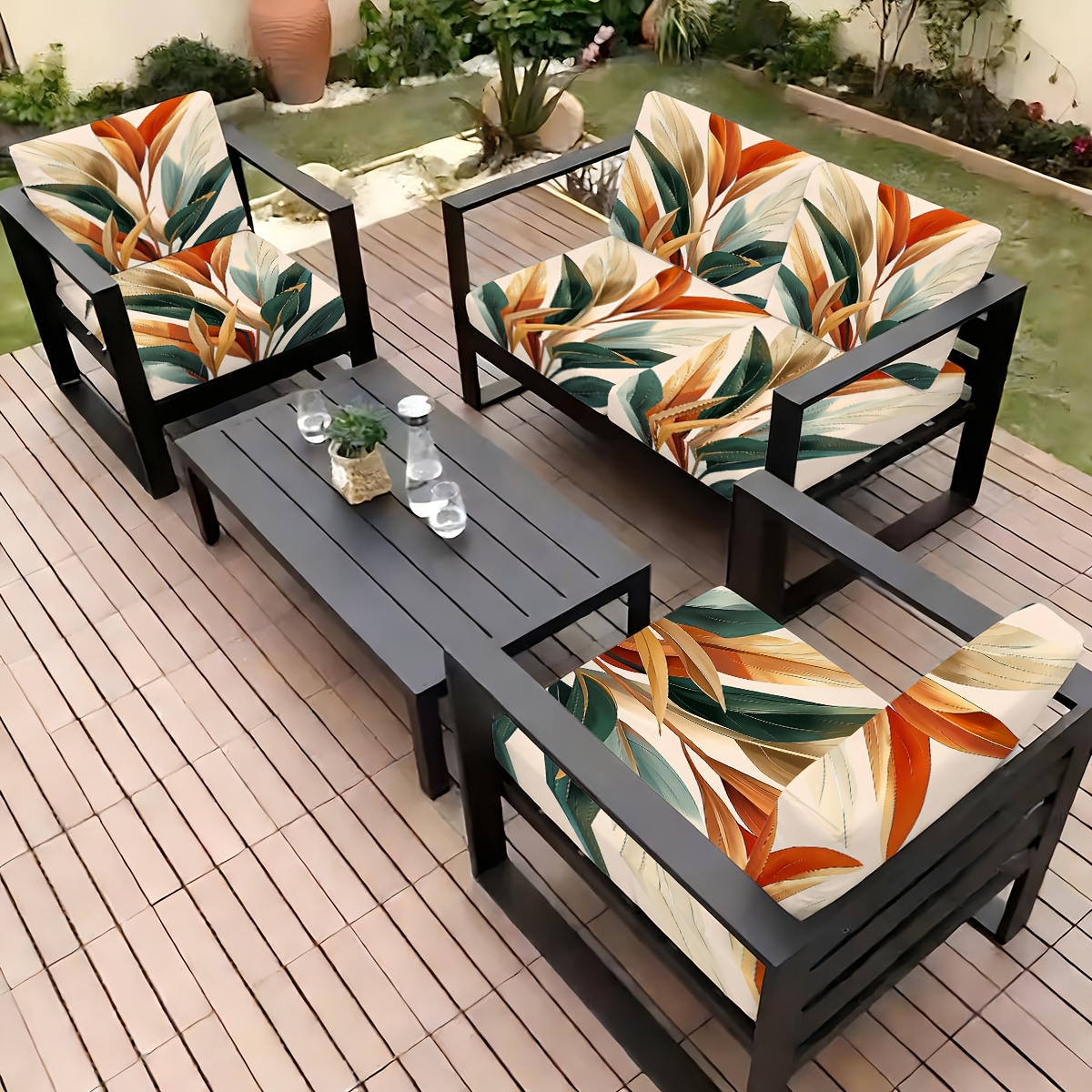 2pcs 6pcs 8pcs modern minimalist plant leaf pattern printed stretch   outdoor sofa cover machine washable patio sofa cover with elastic band closure outdoor cushion cover garden furniture cover living room furniture protector