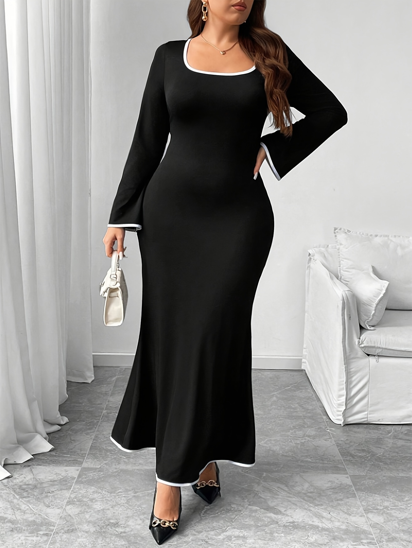 womens elegant black square neck long dress white trim - Temu Mauritius