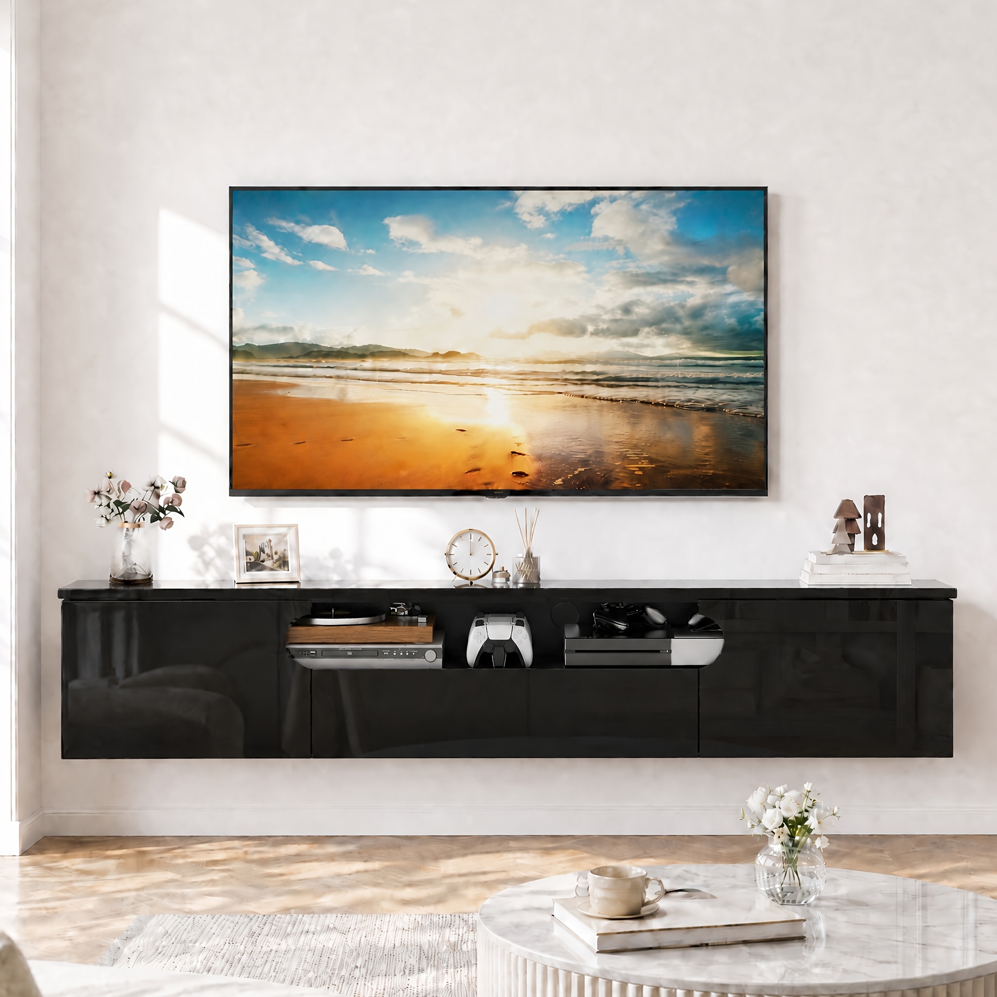Image of Wall-mounted Tv Cabinet, 160 Cm Wall-mounted Tv Unit, Hanging Tv Lowboard With High-gloss End, Cabinets, And Open Shelves, Tv Wall Shelf With Cable Management For The Living Room And Bedroom