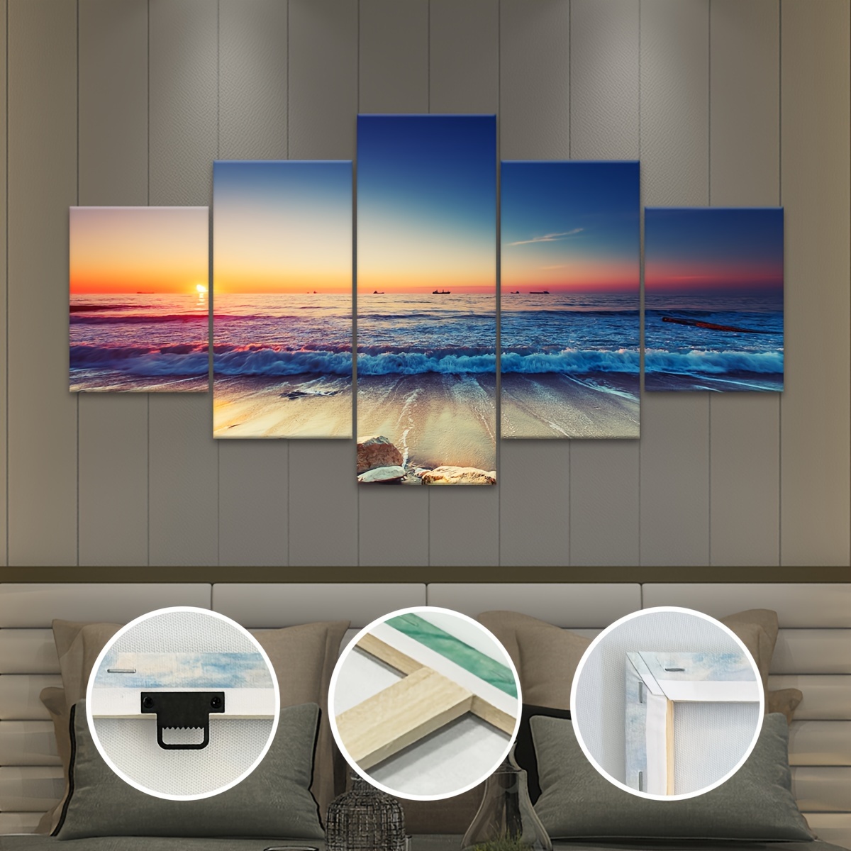 

5pcs Wooden Framed Canvas Poster, Modern Art, Sunset Sea View Canvas Poster, Ideal Gift For Bedroom Living Room Corridor, Wall Art, Wall Decor, Winter Decor, Room Decoration
