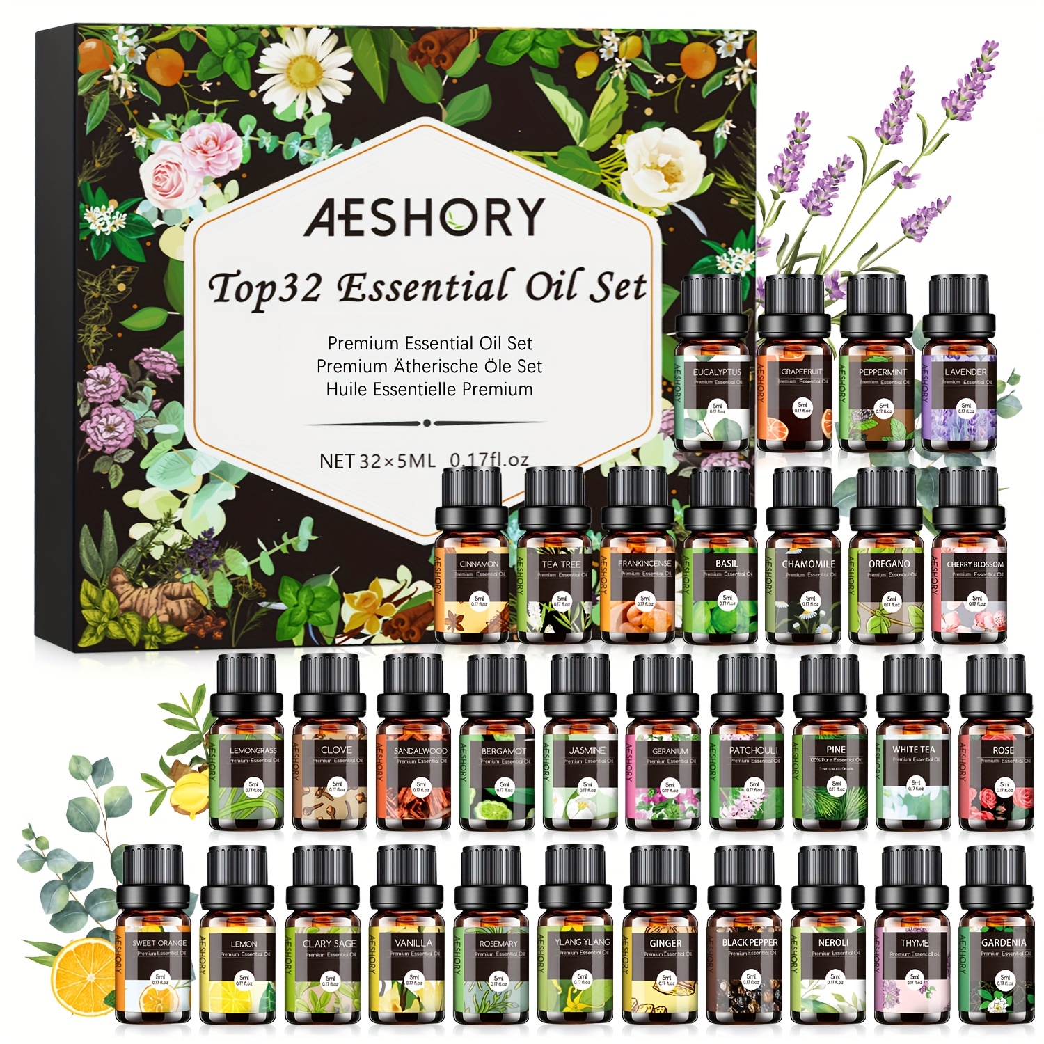 TEMU Essential Oils Set - 32x5ml Essential Oils Kit For Diffuser, Humidifier, - Lavender, , Eucalyptus, Sandalwood, Peppermint, Rosemary