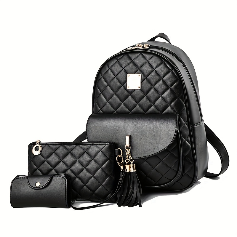

3pcs Argyle Quilted Backpack, Fashion Mini Daypack With Wristlet Clutch Bag And Credit Card Holder