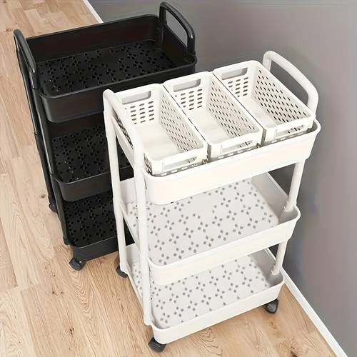 3 tier durable plastic rolling storage cart with wheels easy to move black white organizer for kitchen bathroom bedroom with handles for versatile use