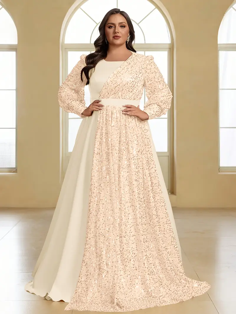 Plus Size, Plus Size Women's Sequin Satin Lantern Sleeve Round Neck Evening Gown, Long Elegant Dress, for Wedding Guests/Gala Banquets/Parties Plus Size, Plus Size Women's Sequin Satin Lantern Sleeve Round Neck Evening Gown, Long Elegant Dress, for Wedding Guests/Gala Banquets/Parties