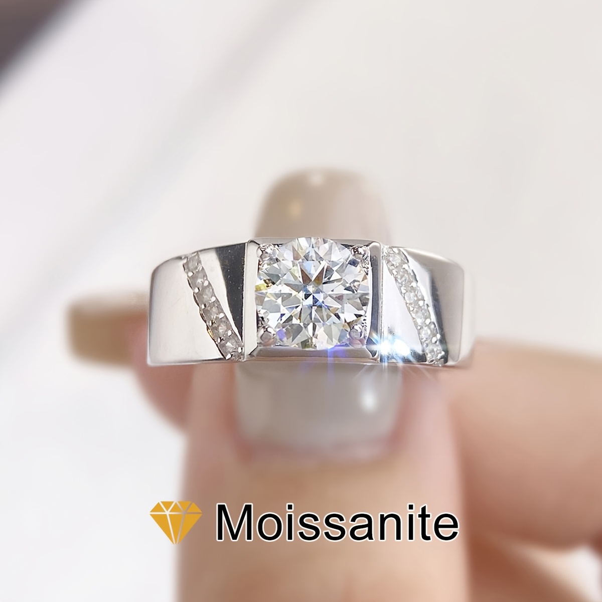 Men's 1ct Moissanite Luxury Engagement Ring, White-Golden Plated