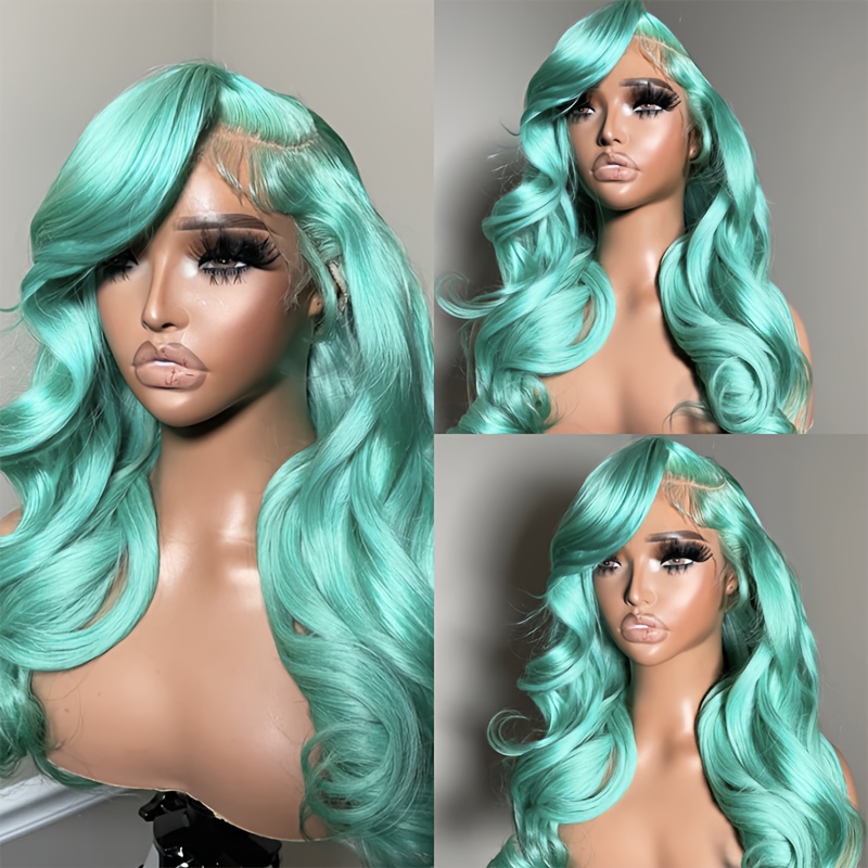 Image of 13x4 Mint Green Wig Wavy Mint Green Wig Curly Wave Wig Heat Resistant Glueless Hd Lace Wigs Heat Resistant Fiber Wig For Fashion Women Party Vacation Daily Used 26inch