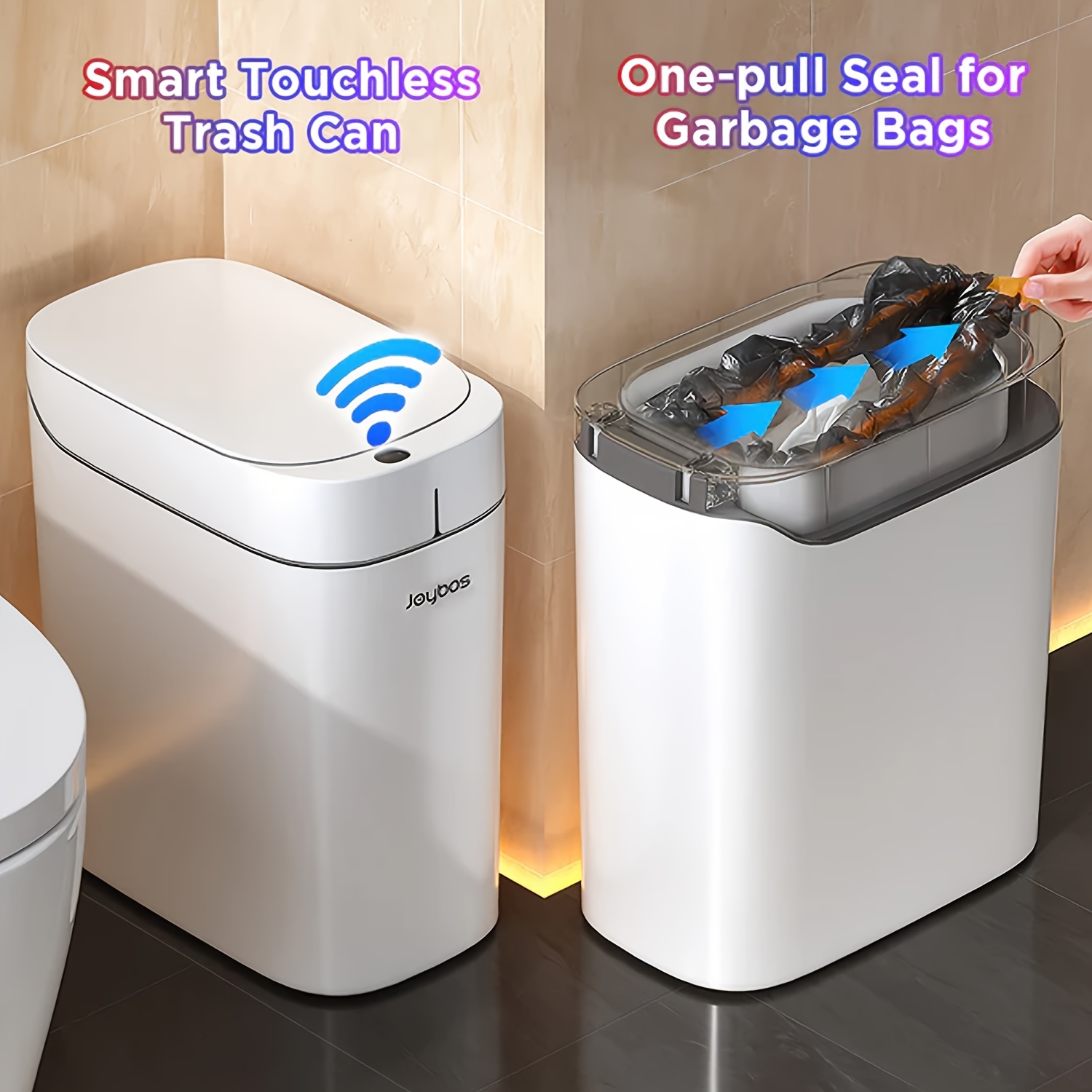 TEMU Joybos Automatic Trash Can With 2 Rolls Of Trash Bags, Large Capacity Office Waste Bin, Smart Trash Can With Odor-sealing Lid, Modern White