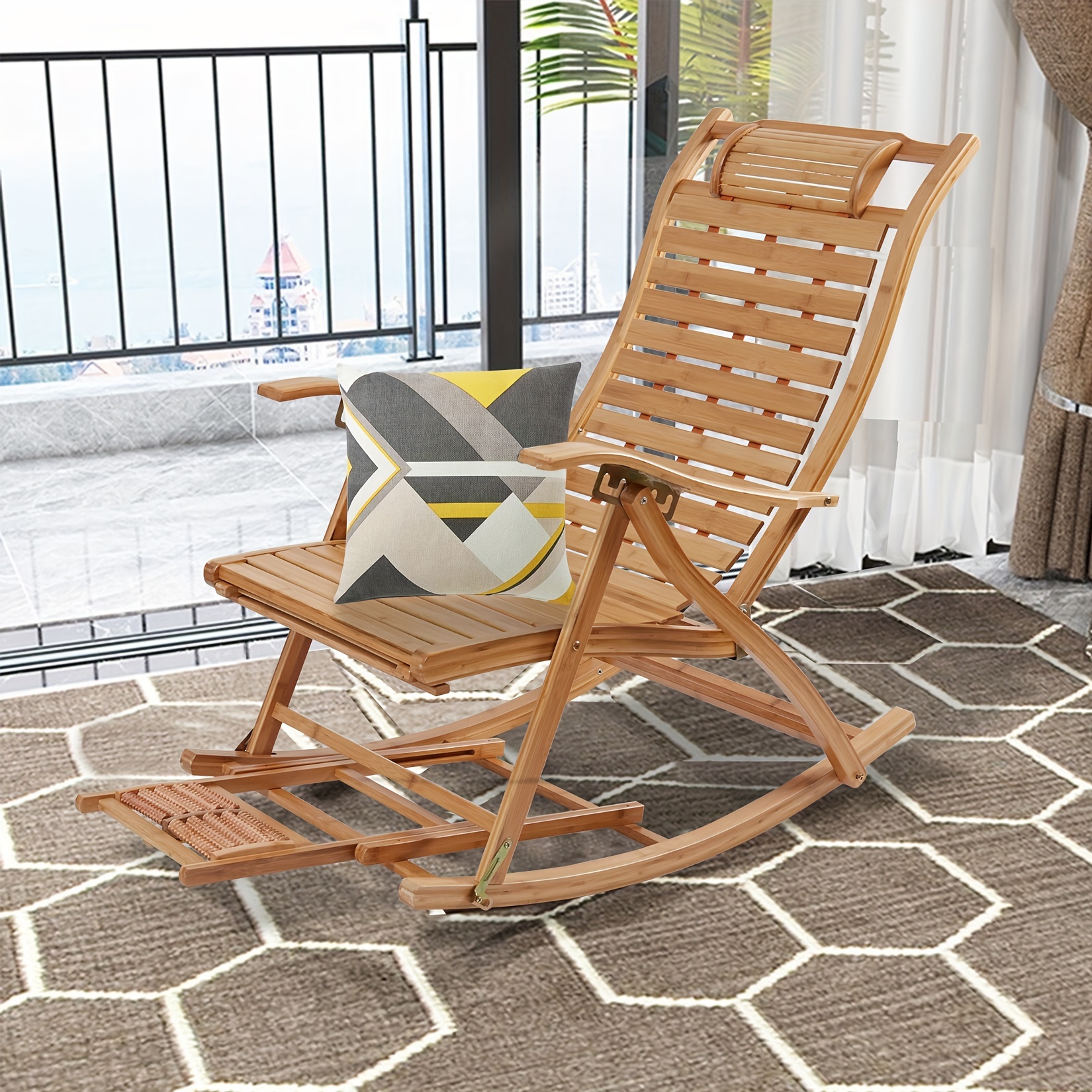 Image of Aesome Folding Sun Lounger Chair: A 5-level Adjustable Rocking Recliner With Footrest, Backrest Massage Balls, Armrest, And Pillow, Supporting A Weight Of 150kg, Perfect For Outdoor Gardens And