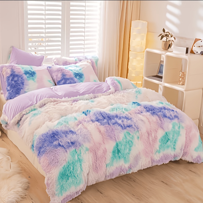 Image of 3pcs Thick Long Plush Tie-dye Duvet Cover Set, Skin-friendly And Warm Gradient Tie-dye Bedding 3pcs Set (duvet Insert And Pillows Not Included)