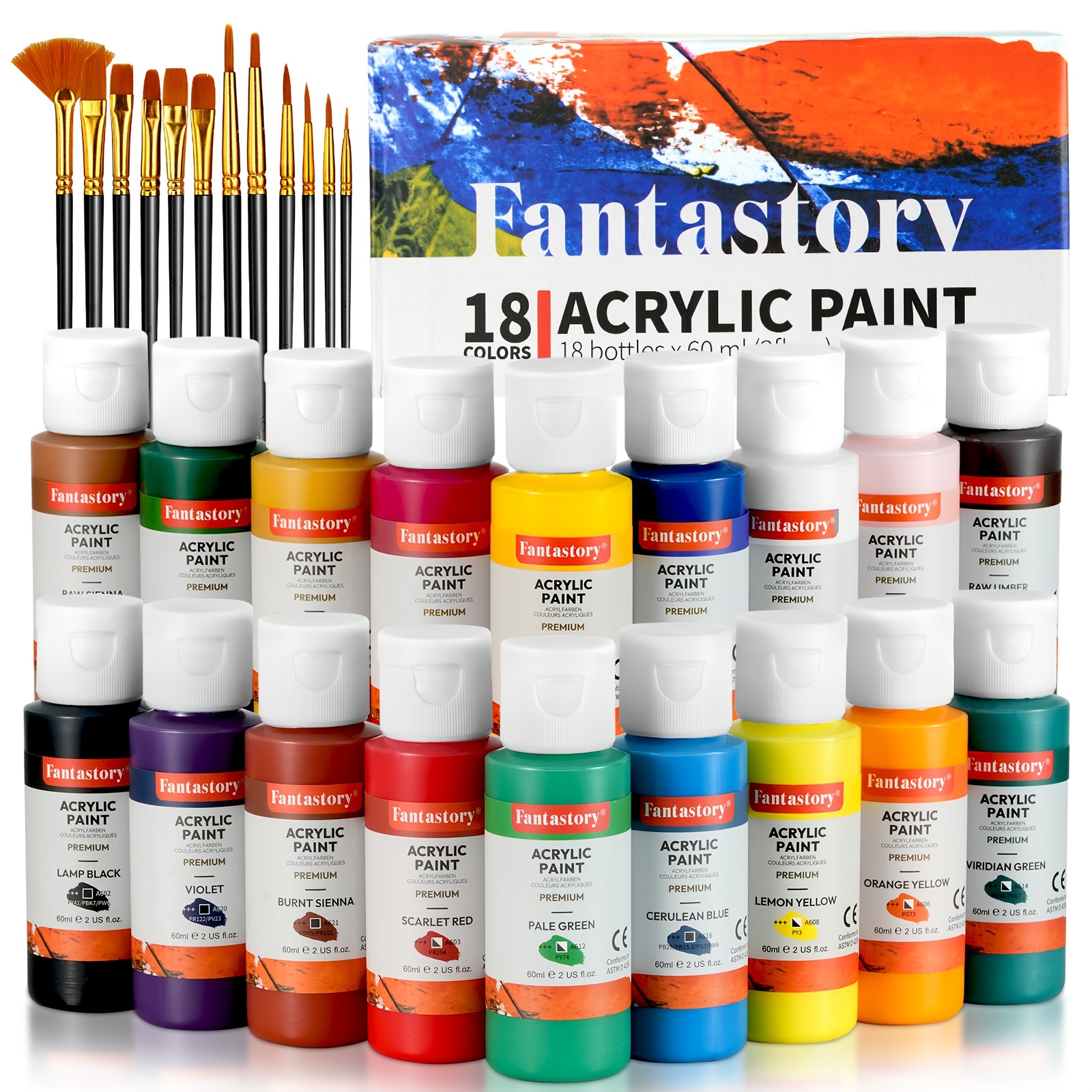 TEMU Set di colori acrilici Fantastory da 18 pezzi, 18 colori classici (2oz/60ml), vernice professionale per artigianato, kit di forniture artistiche