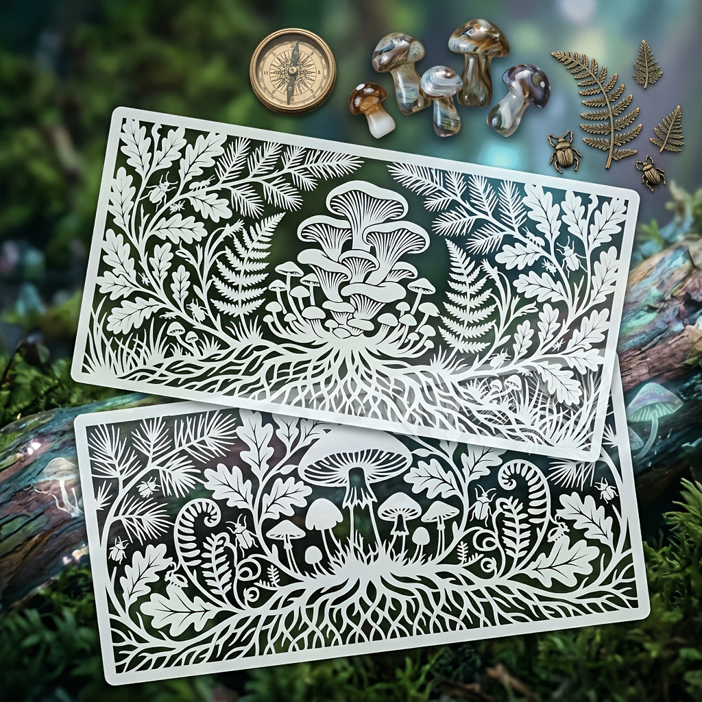 TEMU 2pcs Large Reusable Cottagecore Mushroom & Fern Stencil Templates - Suitable For Diy Painting On Walls, Canvas, Garden, Woodland With Patterns,