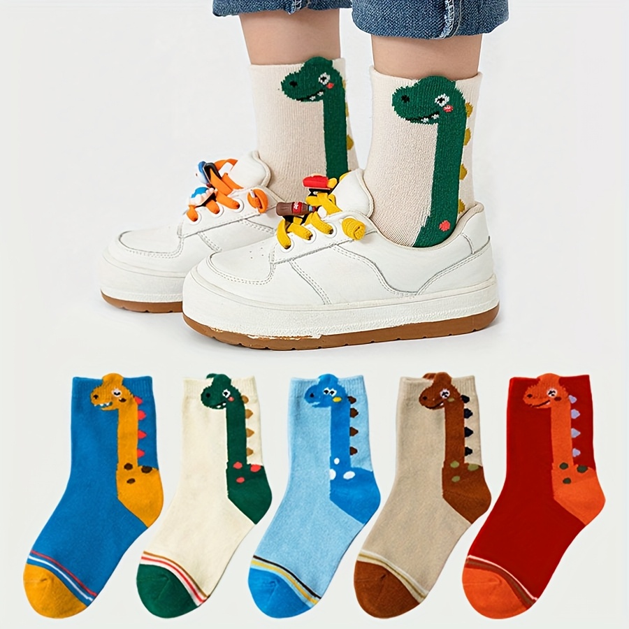 5pcs Youngsters' Cartoon Dinosaur Crew Socks - Breathable & Comfy for Boys and Girls, Perfect for All Seasons