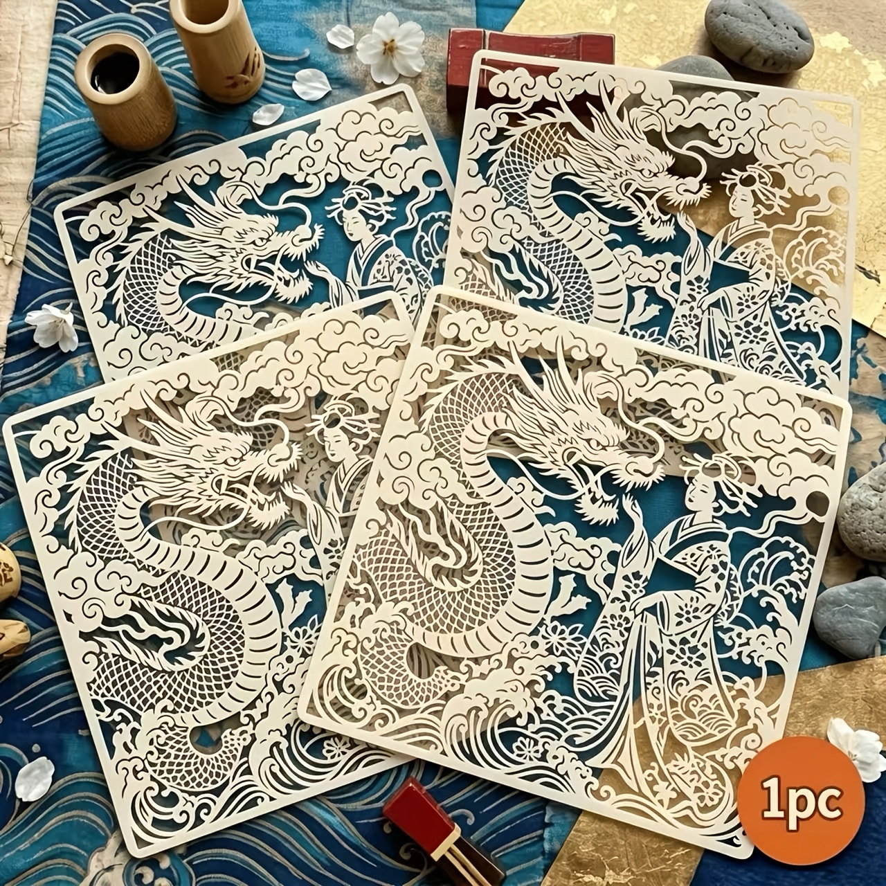 TEMU 【商品名】ドラゴン柄＆キャラクター テーマ テンプレートセット、再利用可能な中国風中空ペイントテンプレート、吉祥の雲波柄テンプレート、レーション、アート制作、手芸、壁の装飾、カード作成、に最適