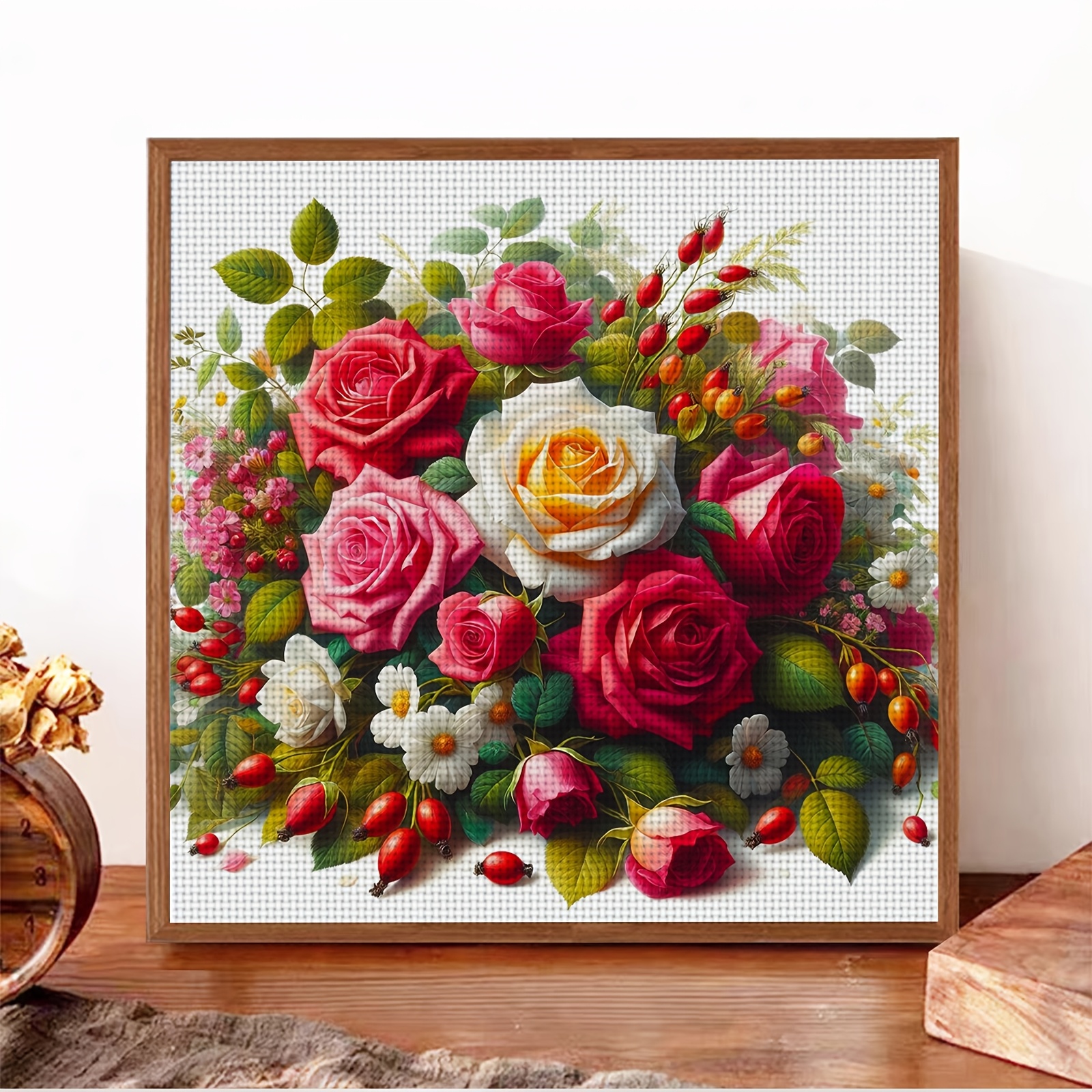Frameless 11CT Cross-Stitch Printed Kit, Colorful Rose Bouquet