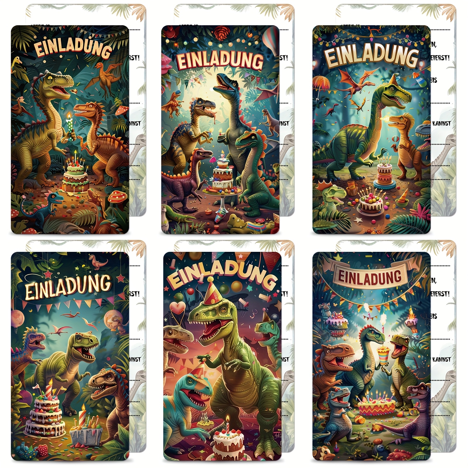 E-shop 12 Stück Dinosaurier Party Einladungskarten mit 6 verschiedenen Designs von Dinosaurier Kuchen Geburtstags-Einladungen, Cartoon Dinosaurier