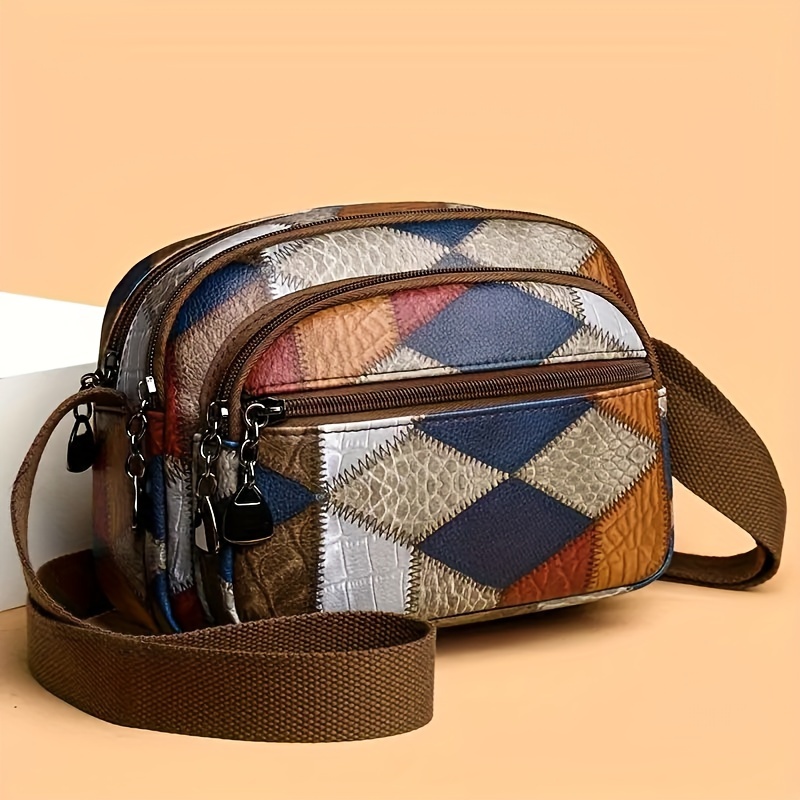 

Elegant Mini Crossbody Bag With Multiple Pockets, Geometric Pattern, Adjustable Shoulder Strap, Zipper Closure, Daily Or Travel